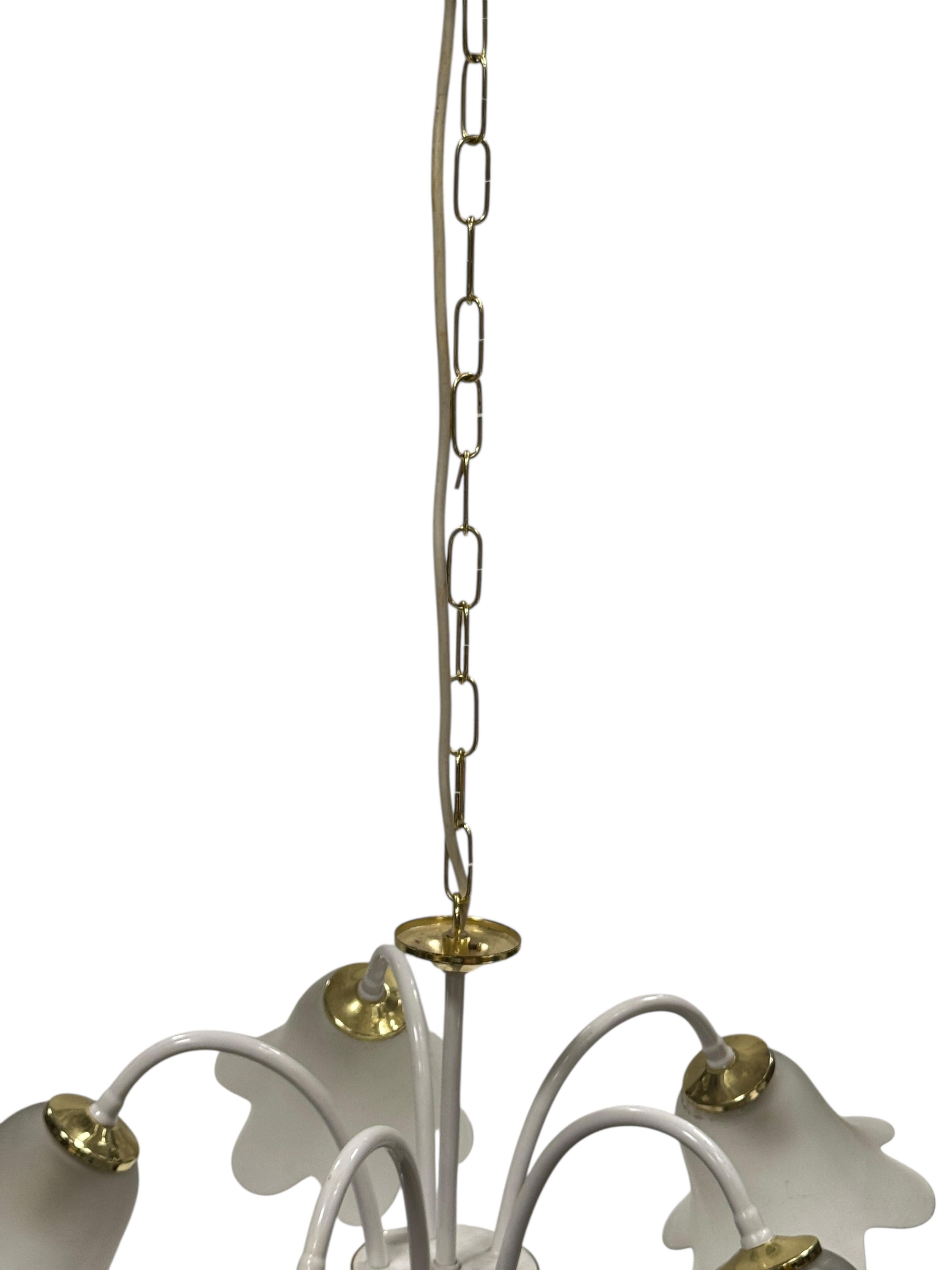 White & Brass Tole Pendant Chandelier Calyx Glass Shade Hollywood Regency Style For Sale 1