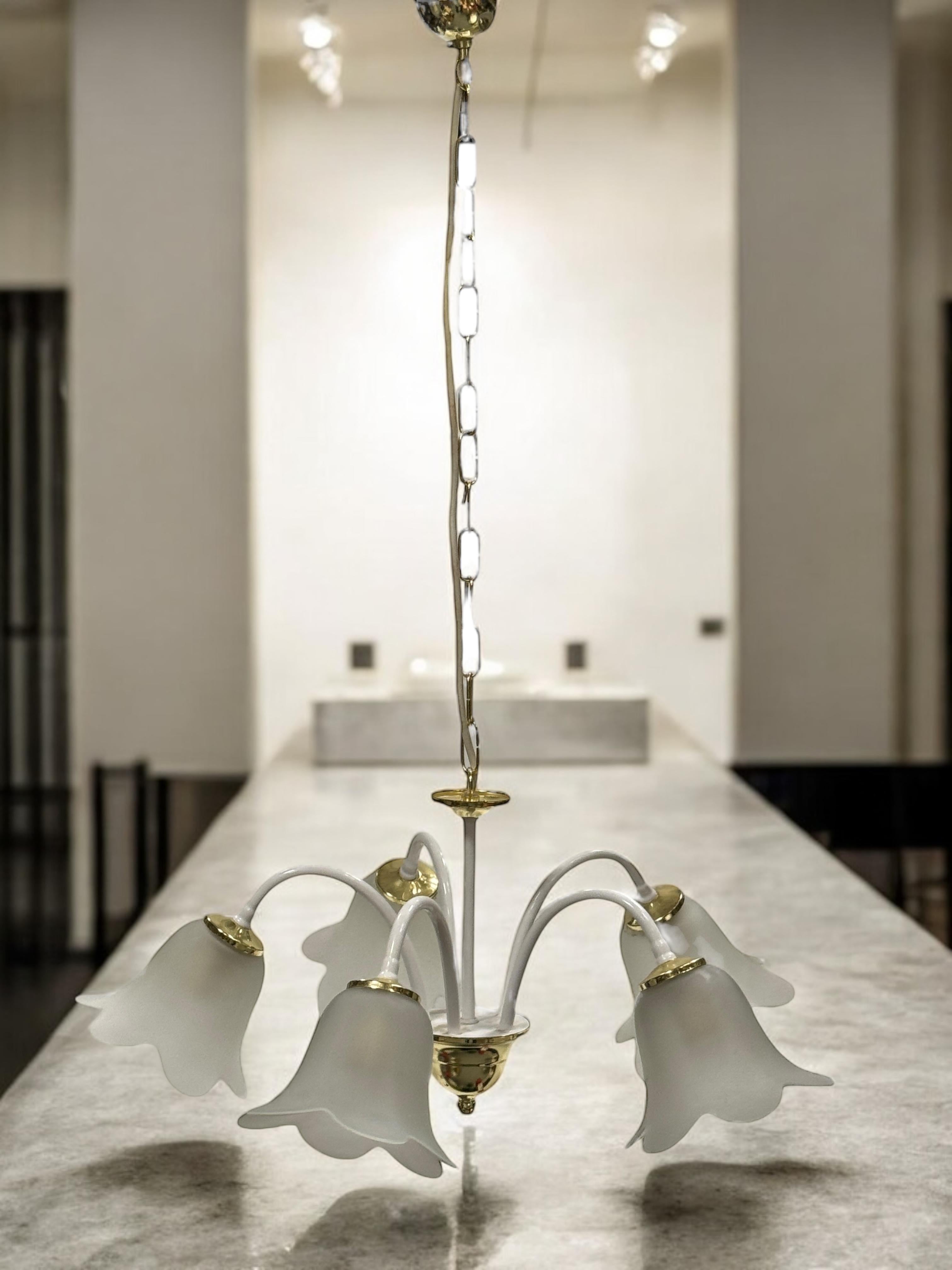 White & Brass Tole Pendant Chandelier Calyx Glass Shade Hollywood Regency Style For Sale 3