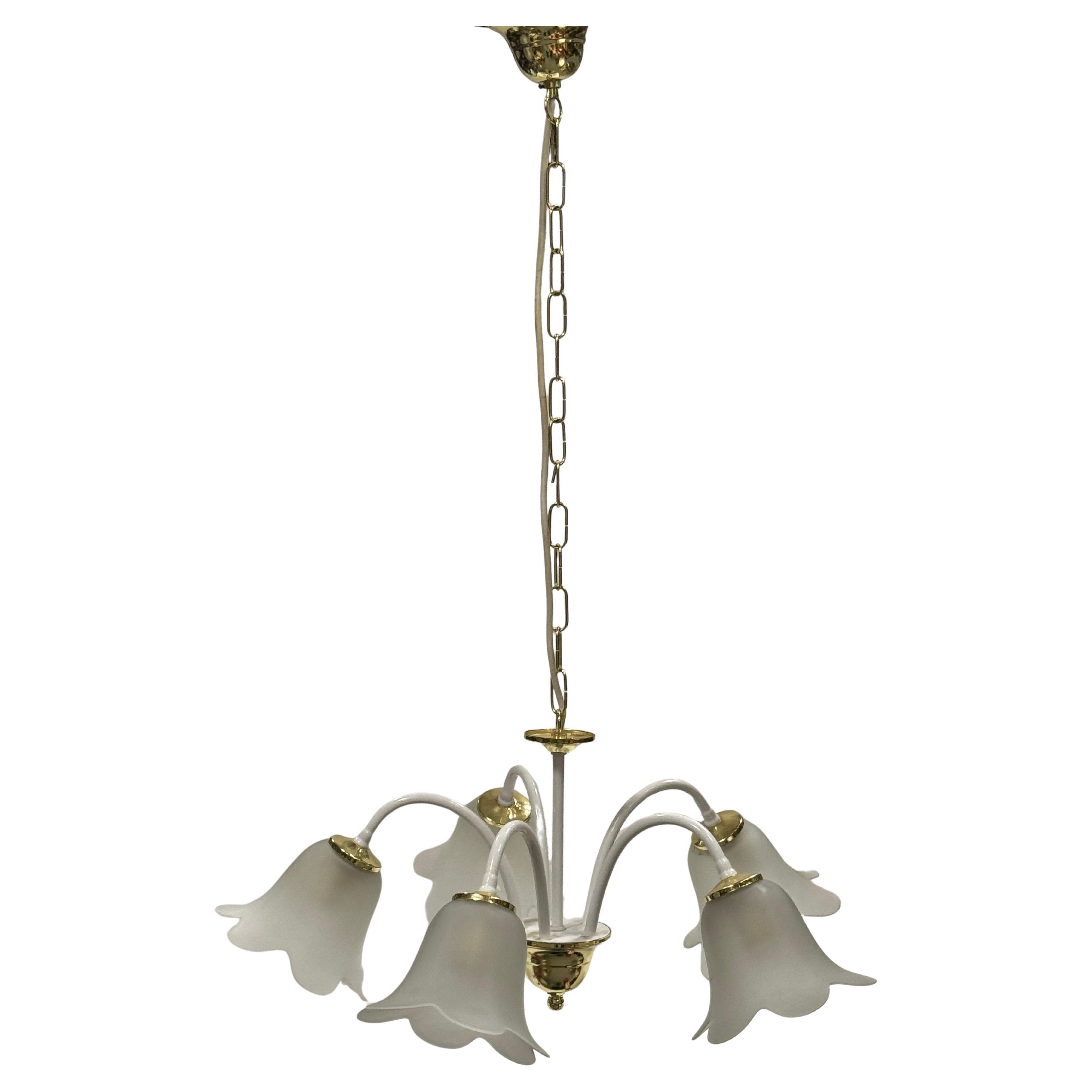 White & Brass Tole Pendant Chandelier Calyx Glass Shade Hollywood Regency Style