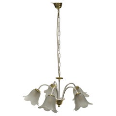 Vintage White & Brass Tole Pendant Chandelier Calyx Glass Shade Hollywood Regency Style