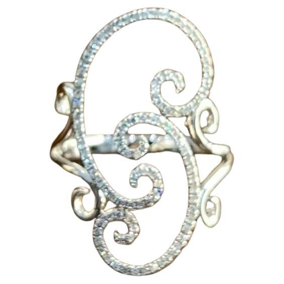 White Brilliant Cut Diamond Wave Spiral Swirl 14K White Gold Statement Ring