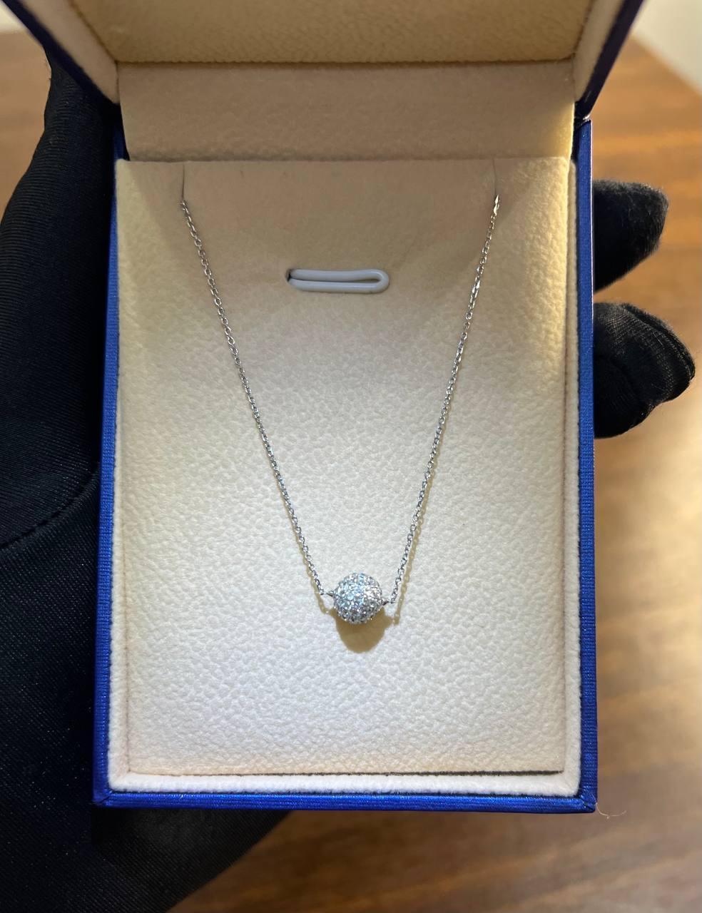 Round Cut White Brilliant Diamond Pave Round Sphere 14K White Gold Pendant Necklace For Sale