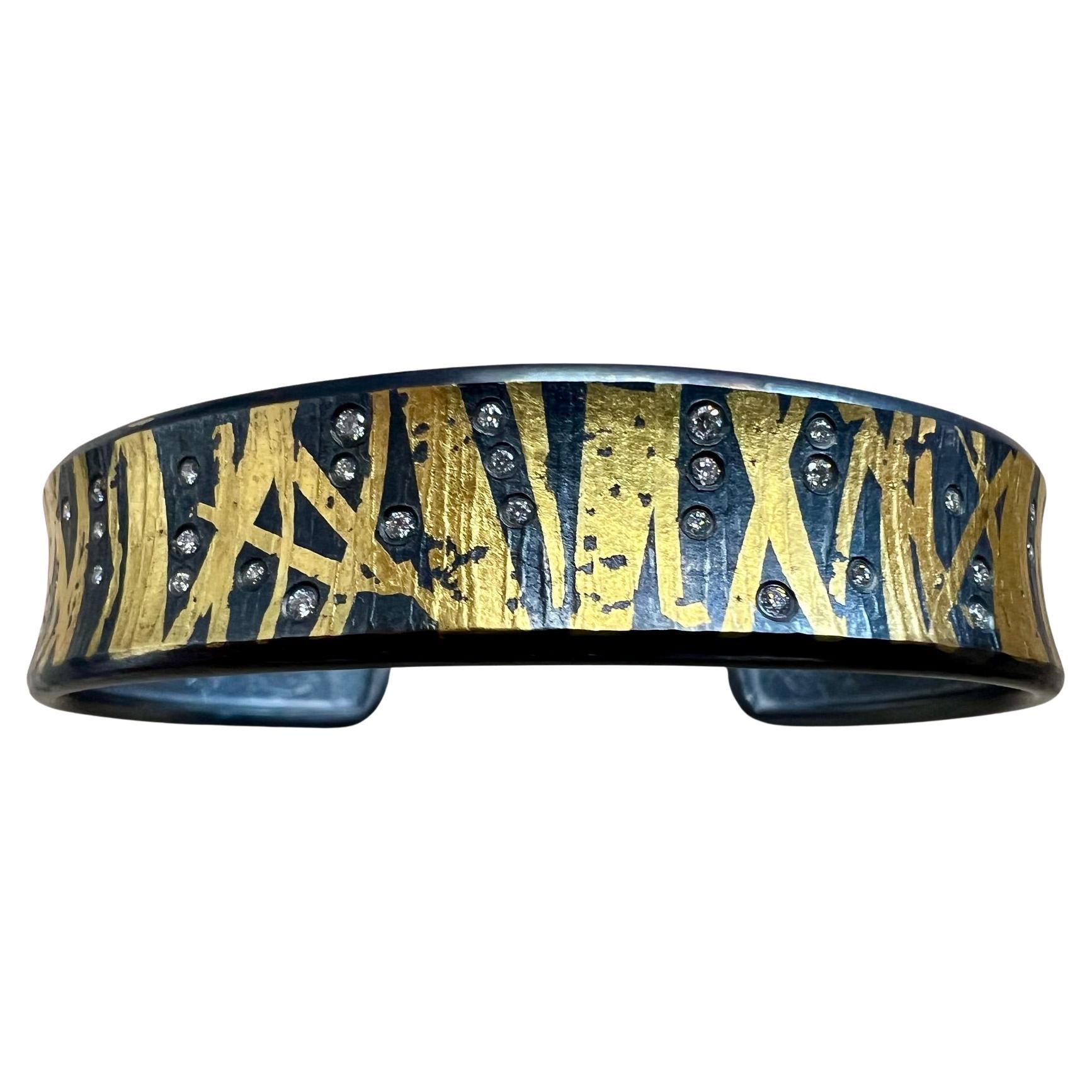 White Brilliant Diamond Scattered 24K Keum-boo Gold Leaf Cuff Bracelet