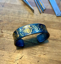 White Brilliant Diamond Scattered 24K Keum-boo Gold Leaf Fern Cuff Bracelet