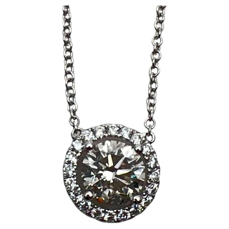 White Brilliant Round Diamond Solitaire Halo Set 18K White Gold Pendant Necklace
