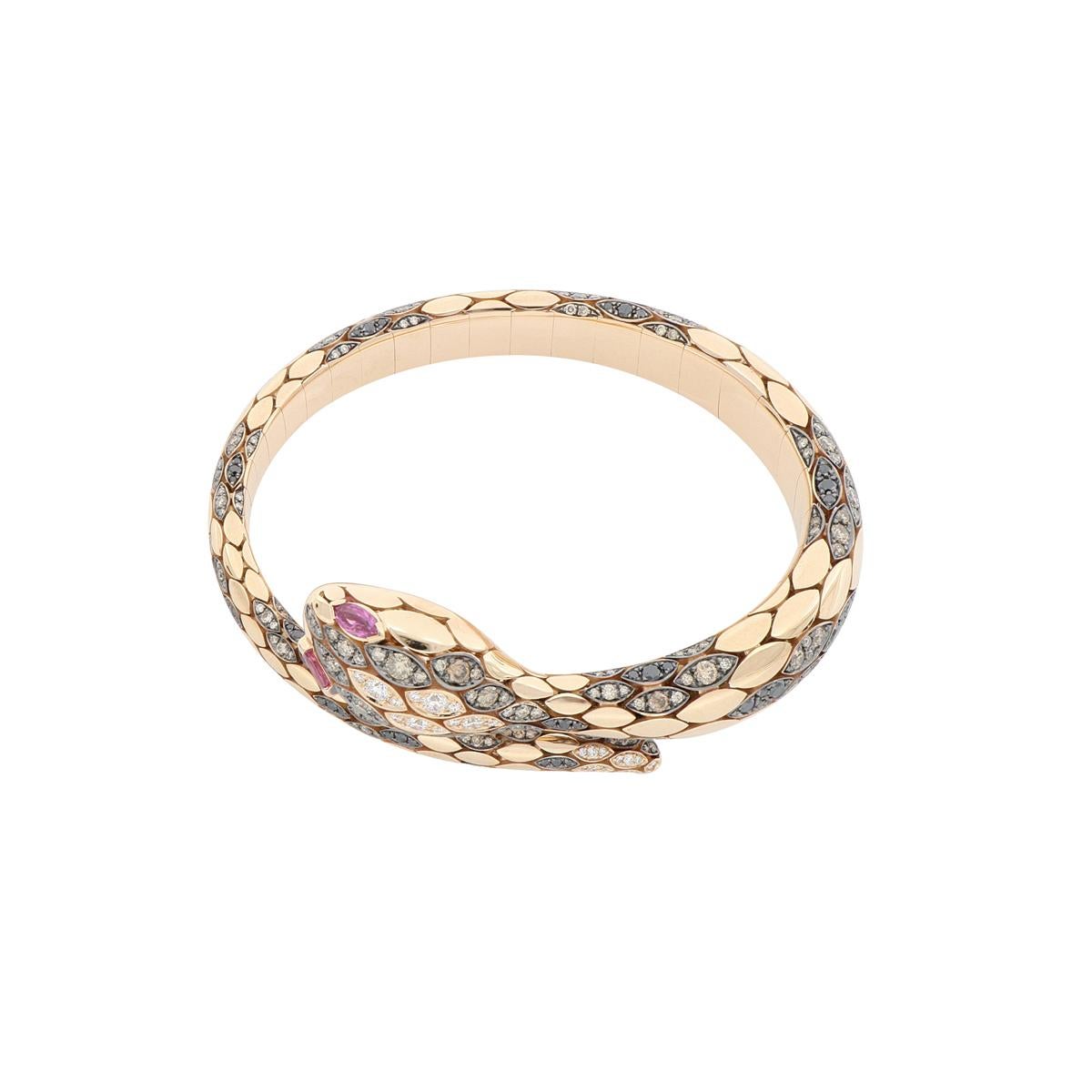 This stunning fashion snake bracelet with white and black diamonds is fit for women with a strong personality. Beautifully crafted in 18 Kt rose gold, this elegant bracelet is shaped in a diamond-pavé snake.

Snakes are powerful animals. Their