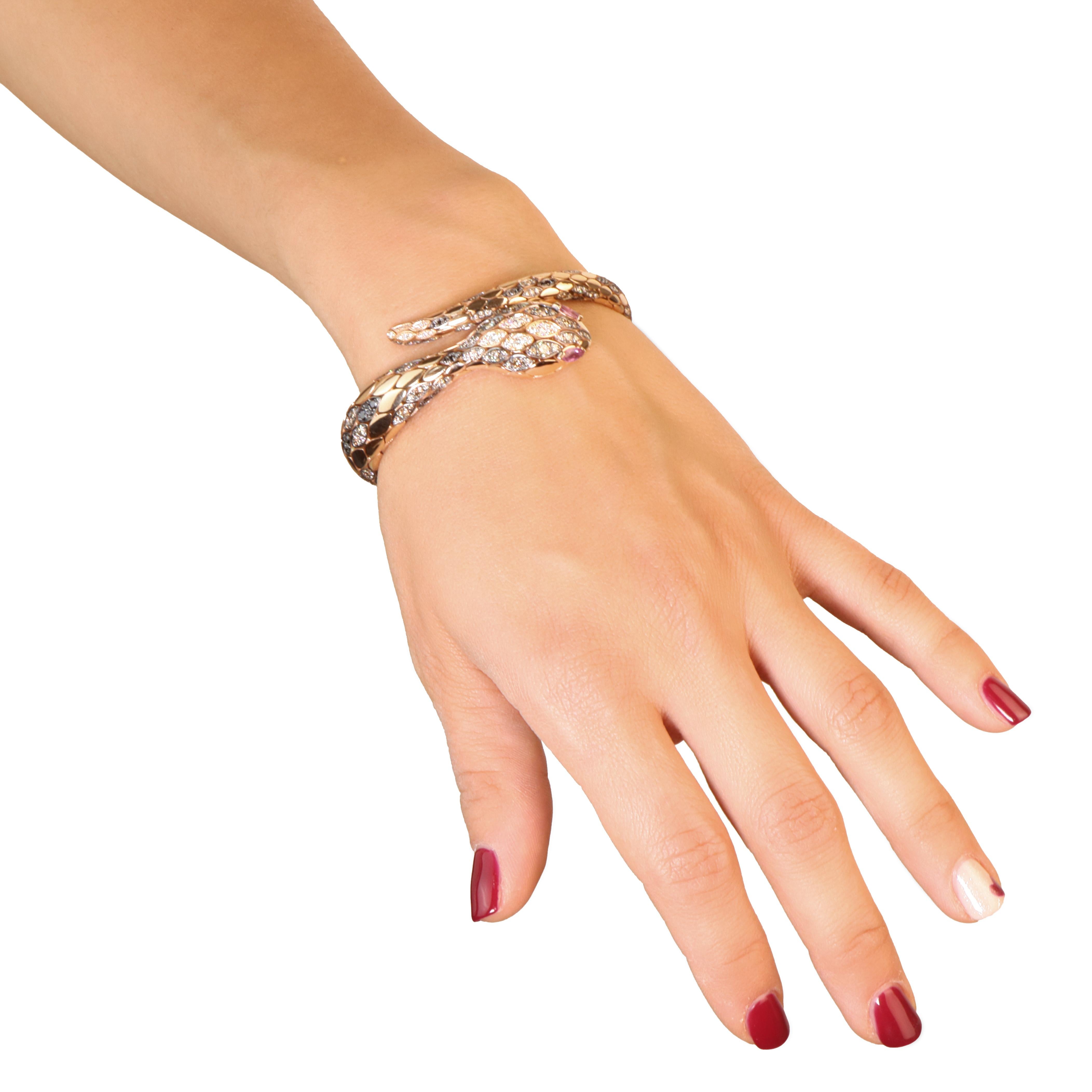 Brilliant Cut White, brown and black diamonds snake fashion bracelet with rubies For Sale