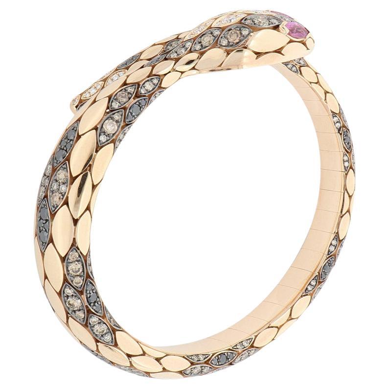 White, brown and black diamonds snake fashion bracelet with rubies For Sale