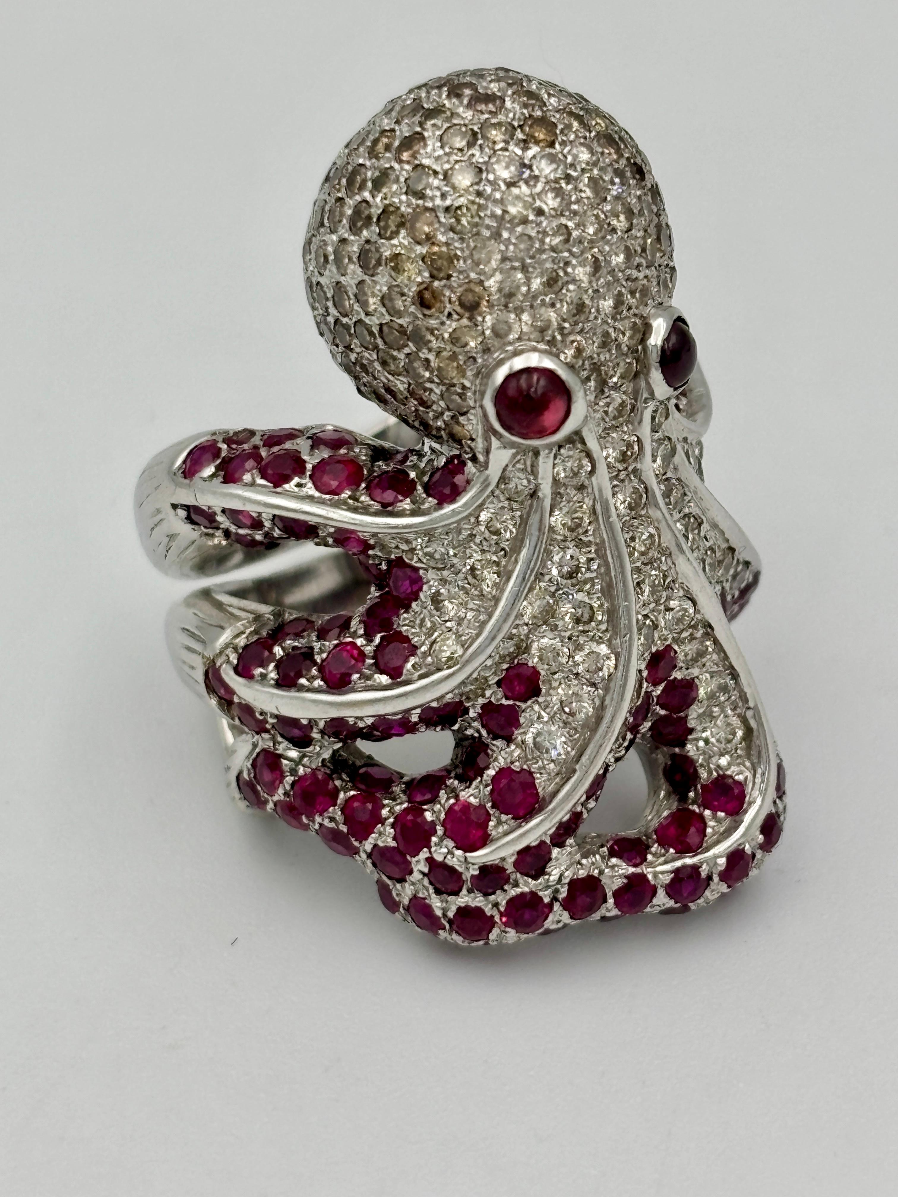 Contemporary White, brown diamond and ruby octopus ring For Sale