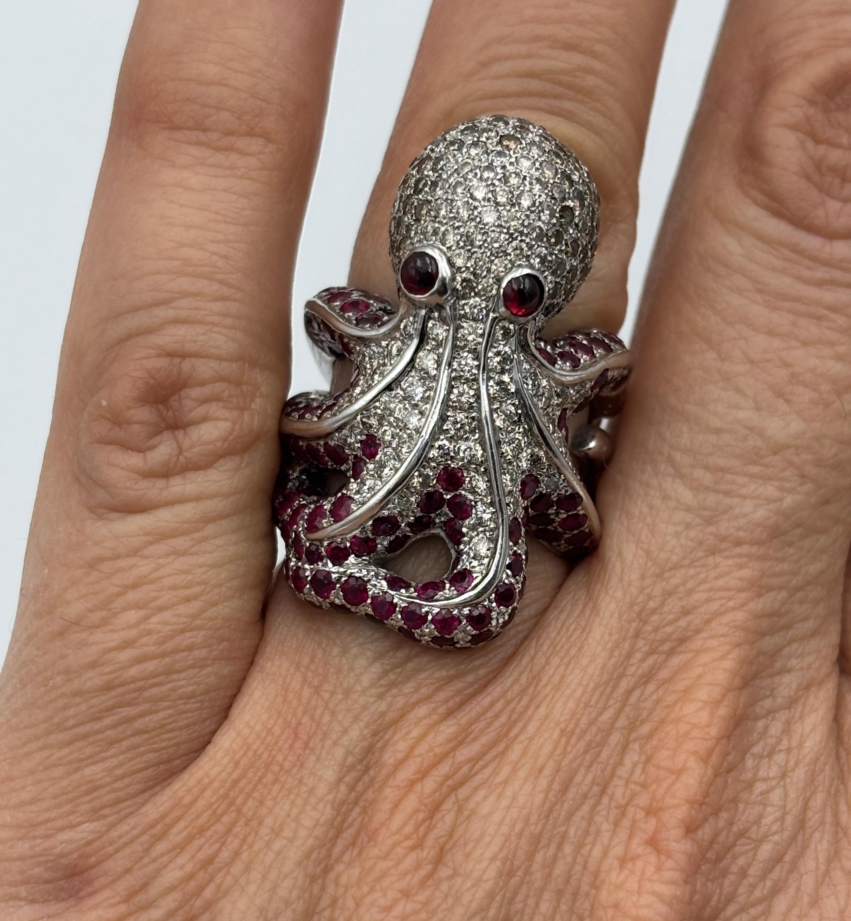 Round Cut White, brown diamond and ruby octopus ring For Sale