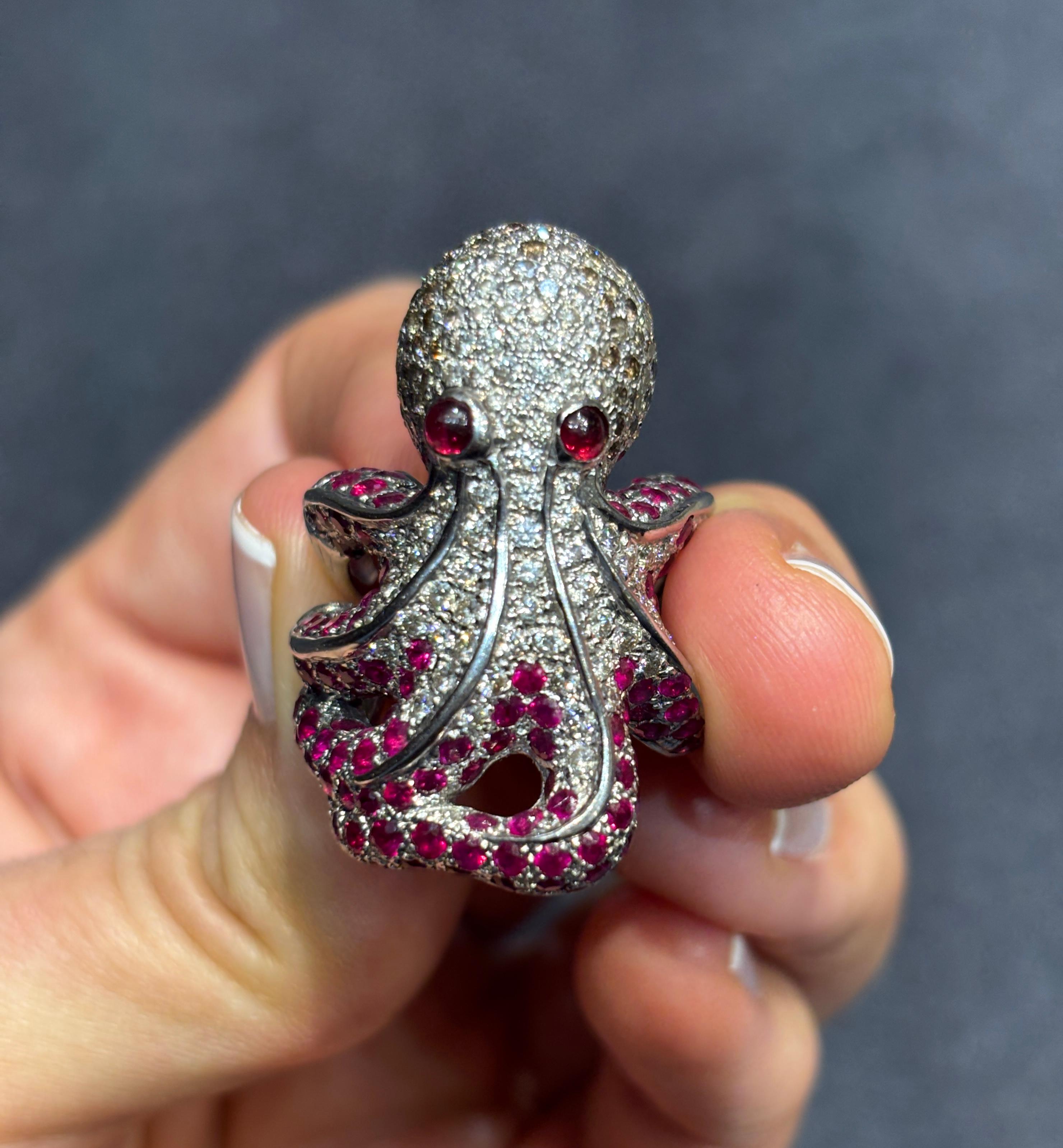 Women's or Men's White, brown diamond and ruby octopus ring For Sale