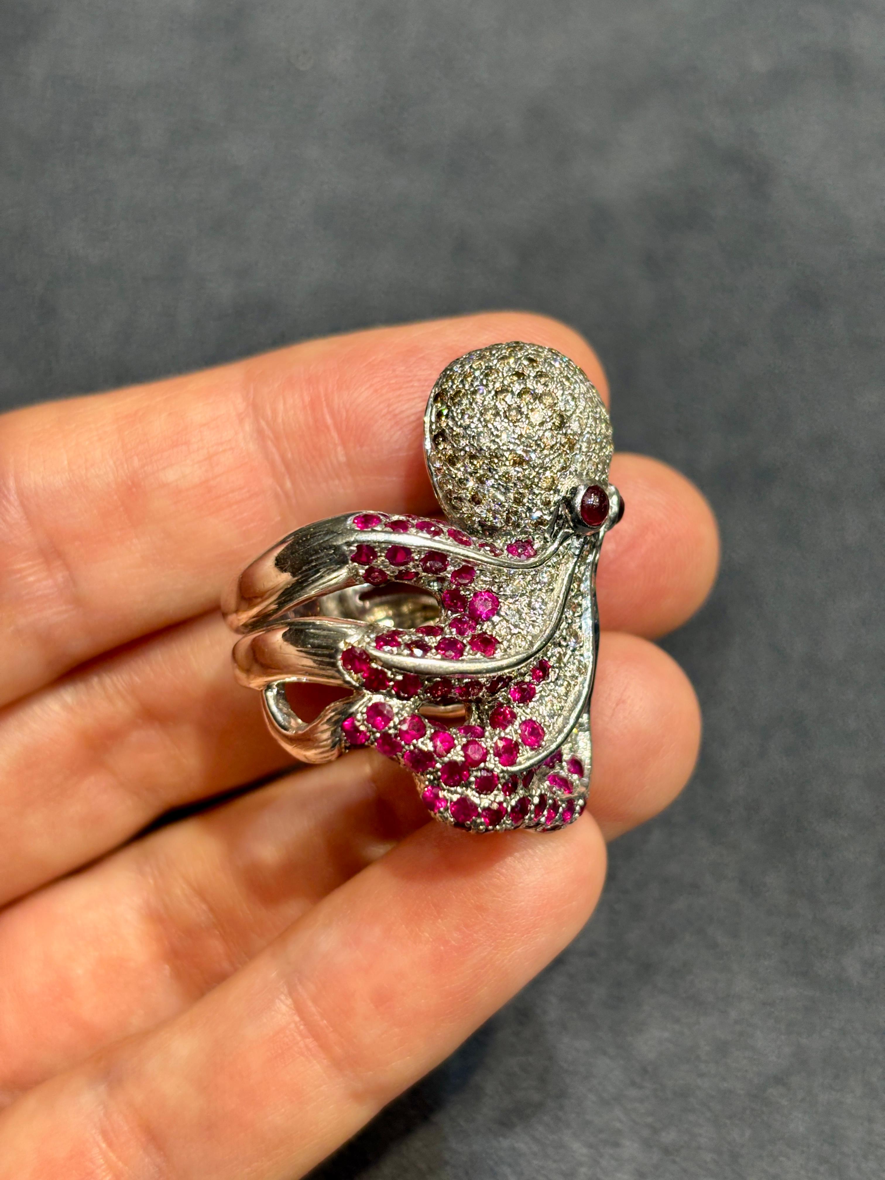 White, brown diamond and ruby octopus ring For Sale 1