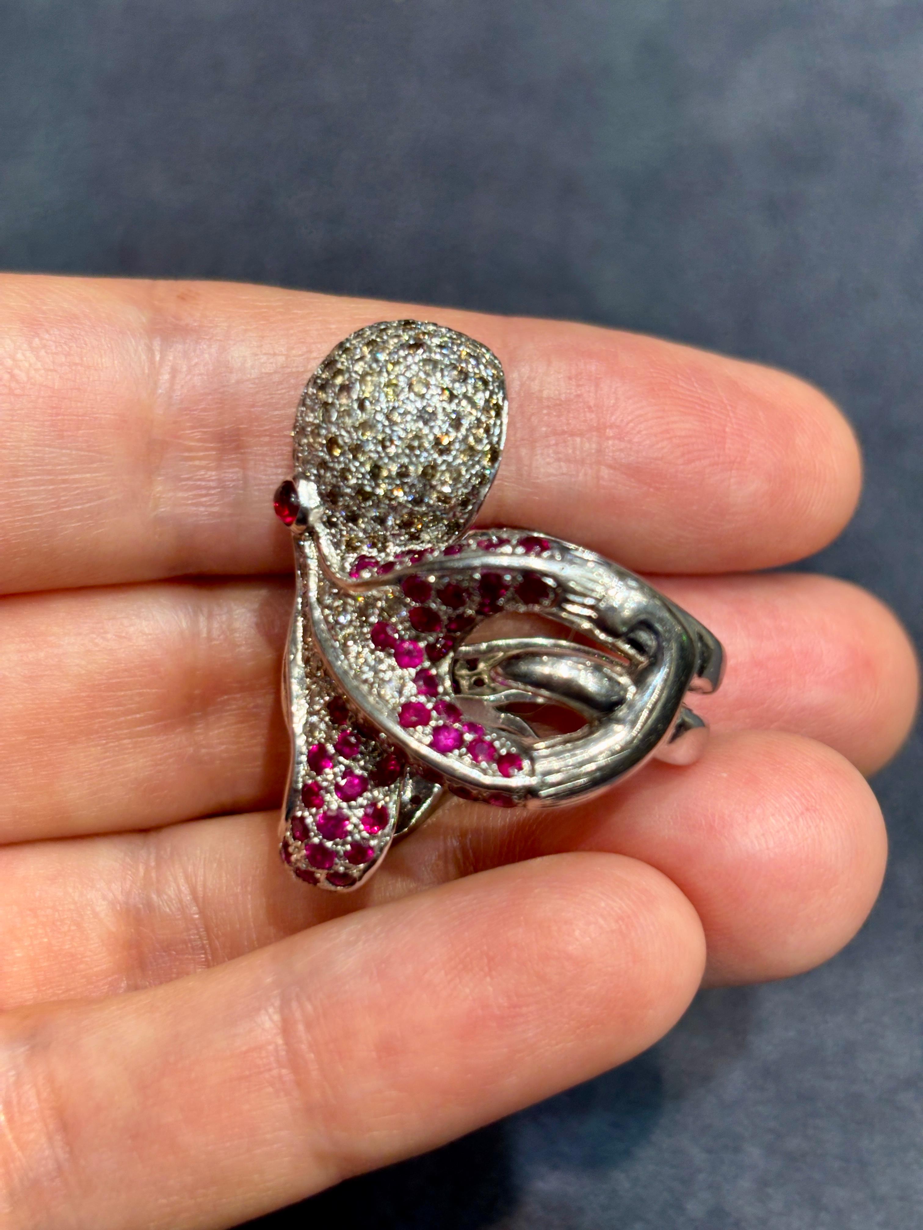 White, brown diamond and ruby octopus ring For Sale 2