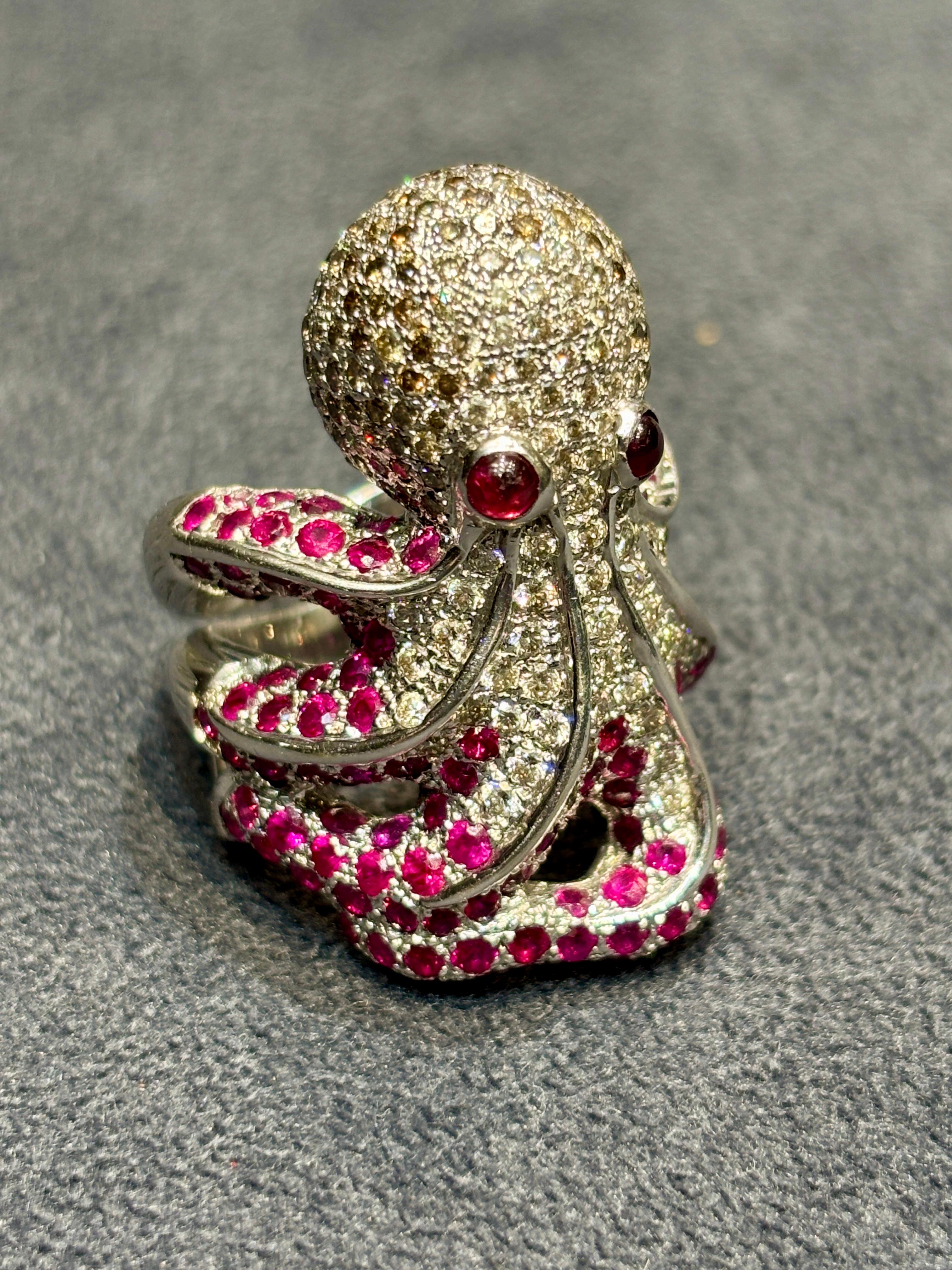 White, brown diamond and ruby octopus ring For Sale 3