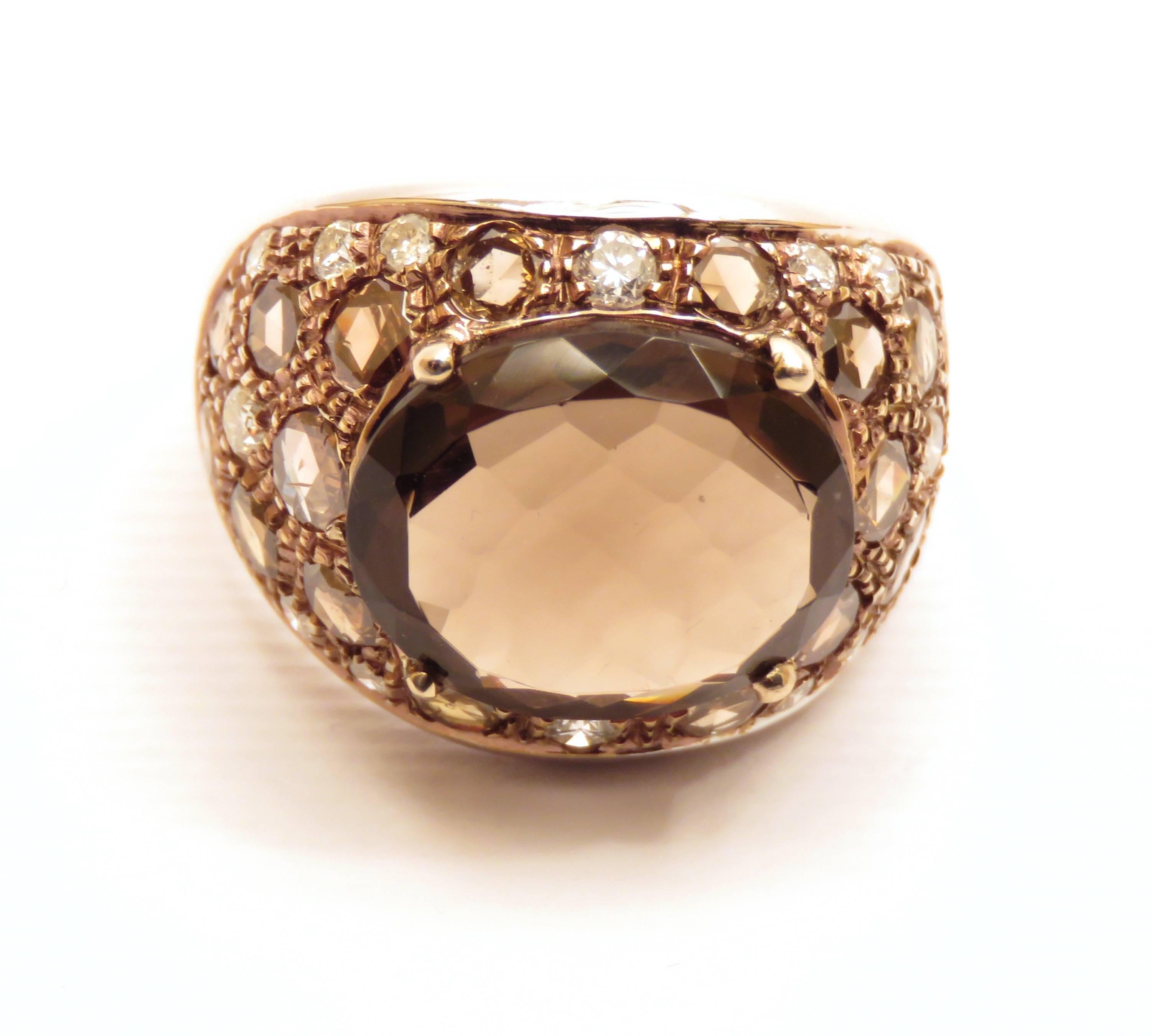 Women's White Brown Diamonds Citrine 18 Karat Gold Cocktail Ring Handcrafted in Italy