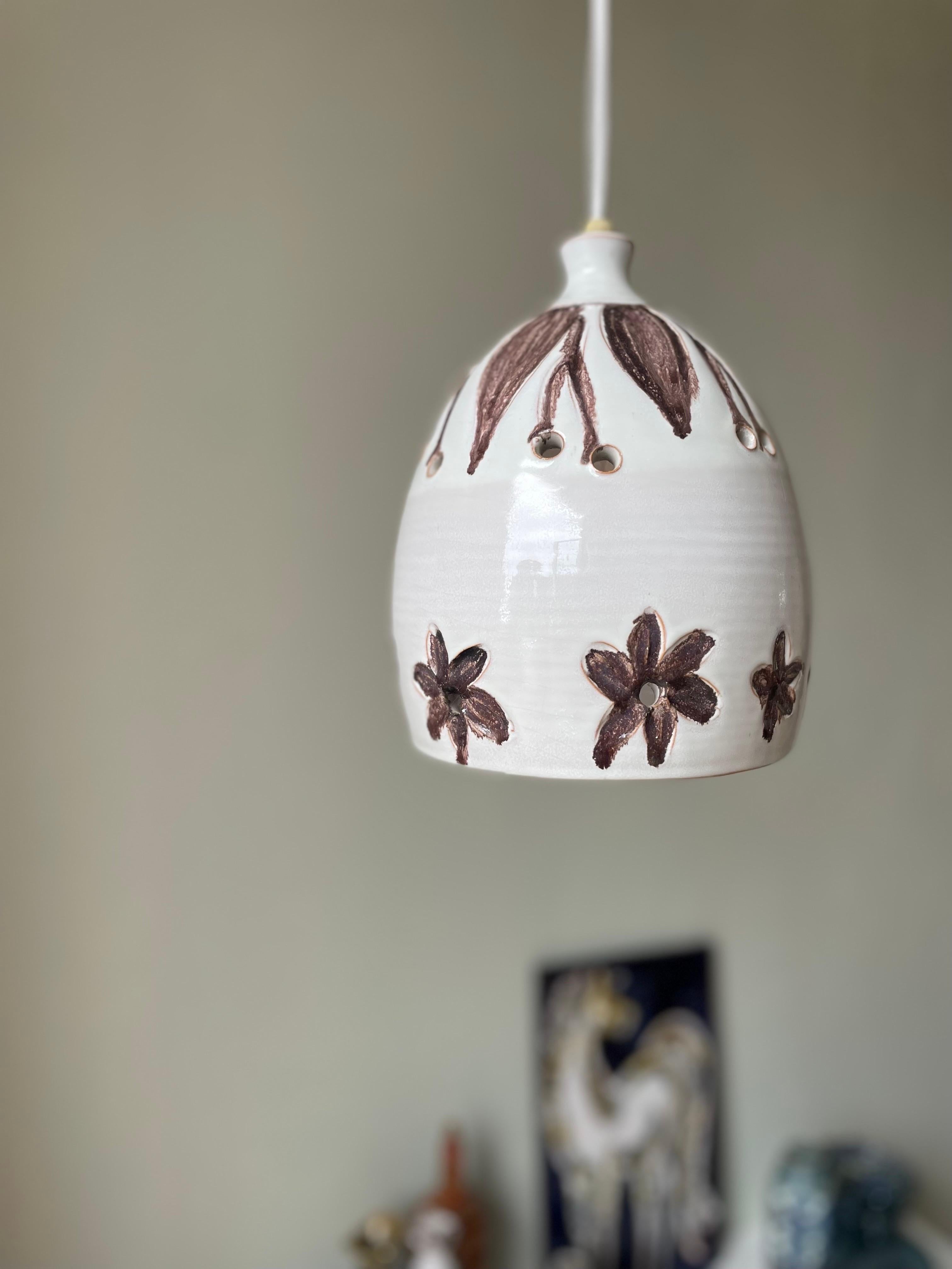 Danish White Brown Floral Ceramic Pendant, Denmark, 1960s For Sale