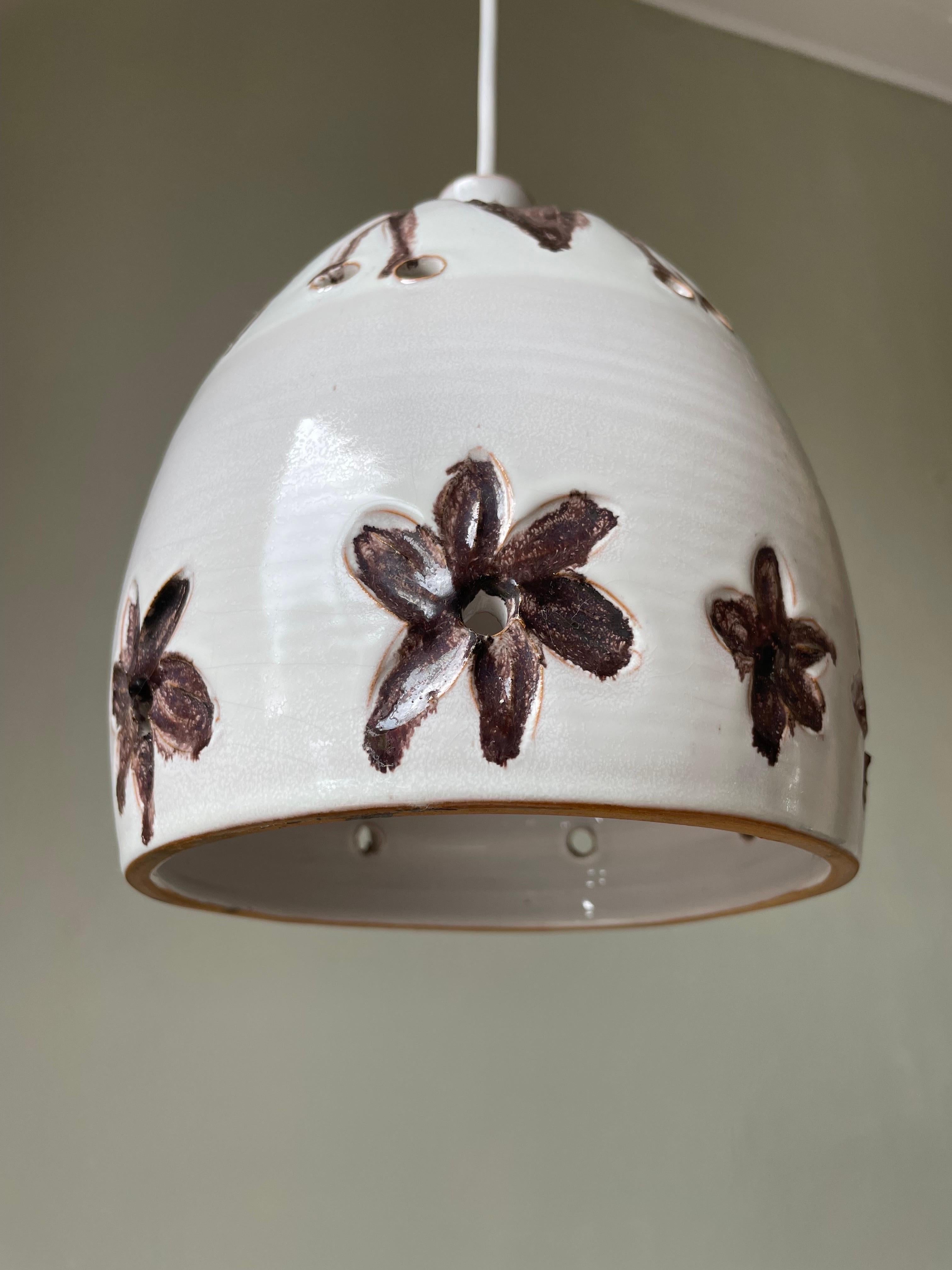 20th Century White Brown Floral Ceramic Pendant, Denmark, 1960s For Sale