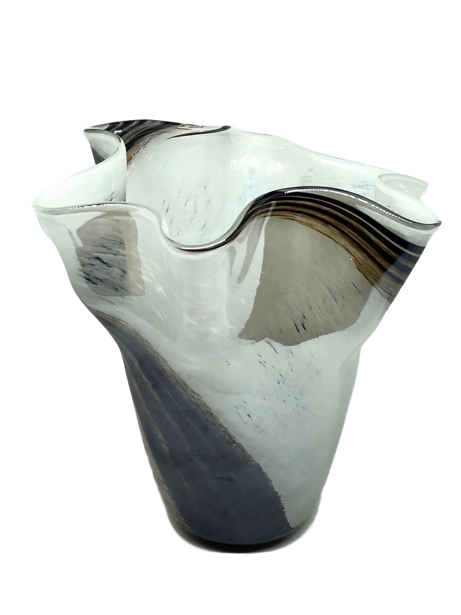 Beautiful Murano hand blown white, different brown shades and gray Italian art glass handkerchief / fazzoletto vase. Created by the Fratelli Toso company. Measures 9 1/4
