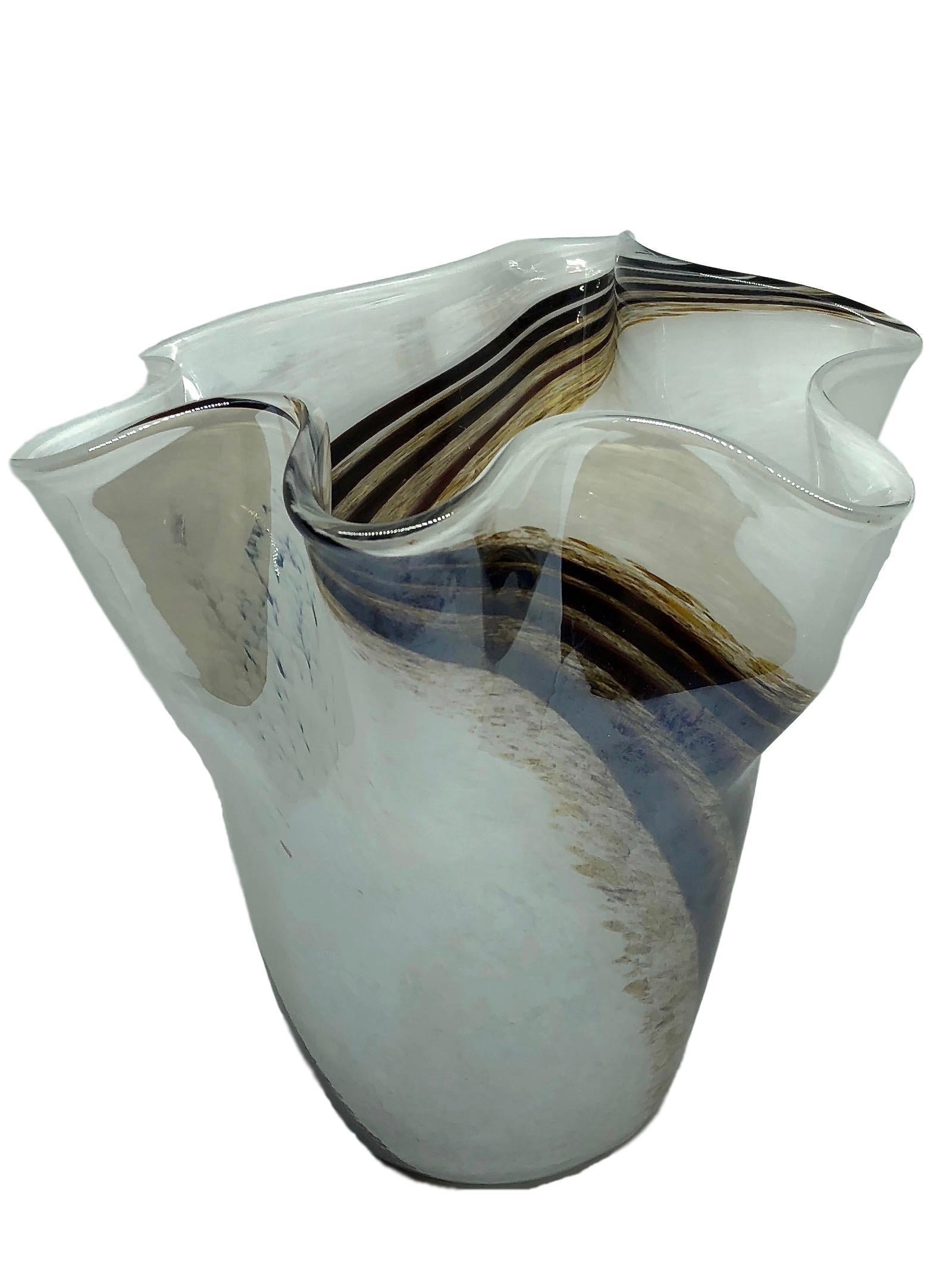 Mid-Century Modern White Brown Gray Swirl Glass Murano Venetian Glass Vase by Fazzoletto
