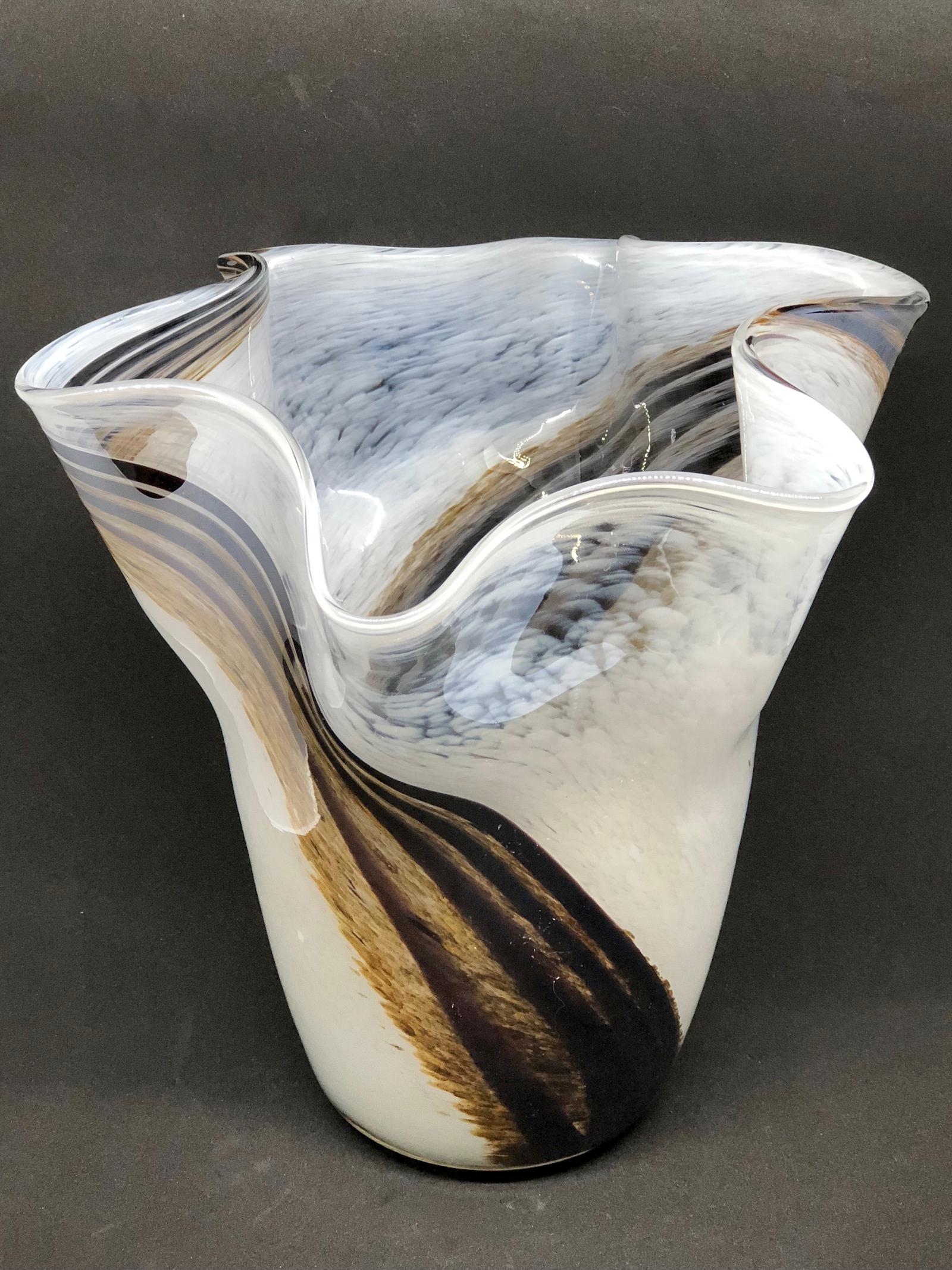 Italian White Brown Gray Swirl Glass Murano Venetian Glass Vase by Fazzoletto