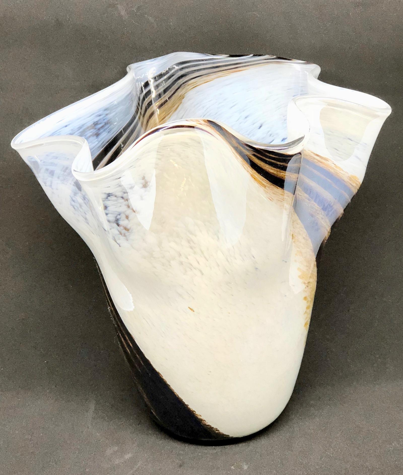 Hand-Crafted White Brown Gray Swirl Glass Murano Venetian Glass Vase by Fazzoletto