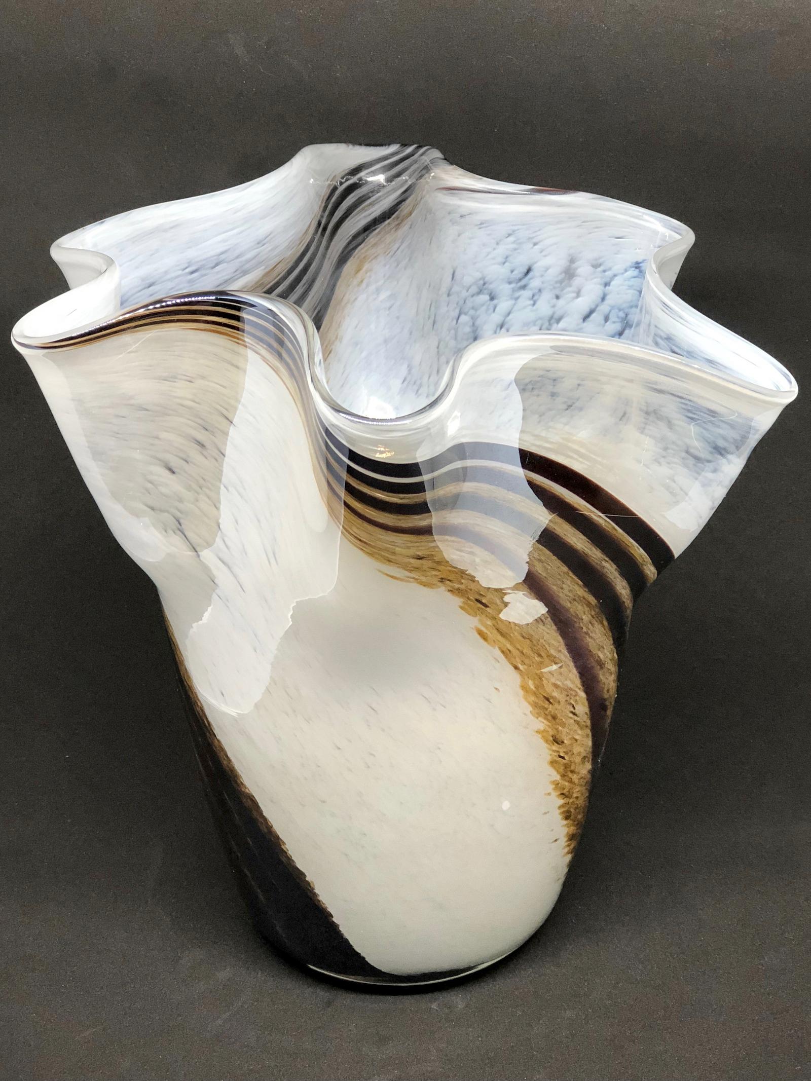 White Brown Gray Swirl Glass Murano Venetian Glass Vase by Fazzoletto In Good Condition In Nuernberg, DE