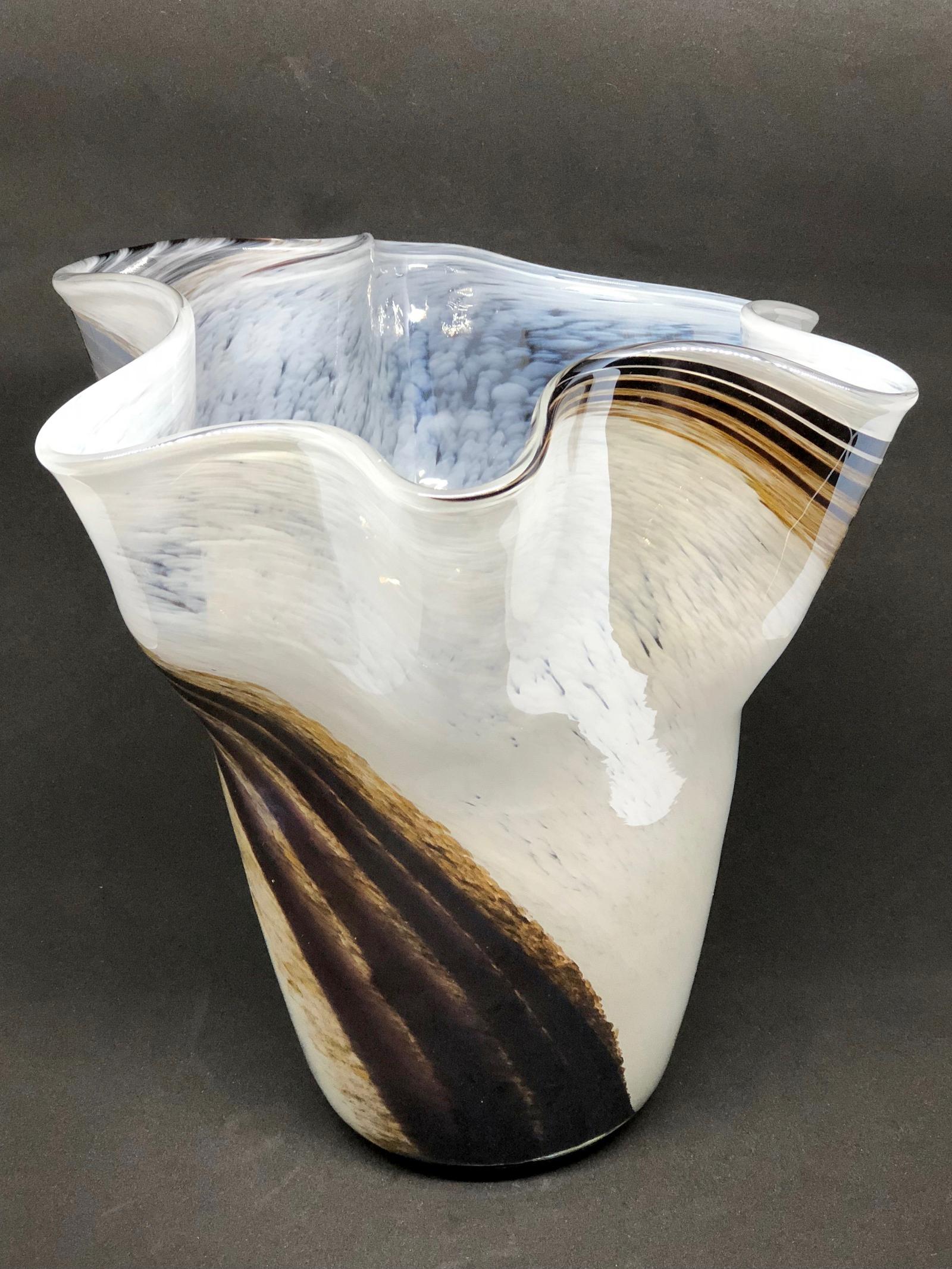 Late 20th Century White Brown Gray Swirl Glass Murano Venetian Glass Vase by Fazzoletto