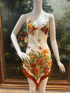 White & Brown Silk Floral & Butterfly Printed Mini Cocktail dress