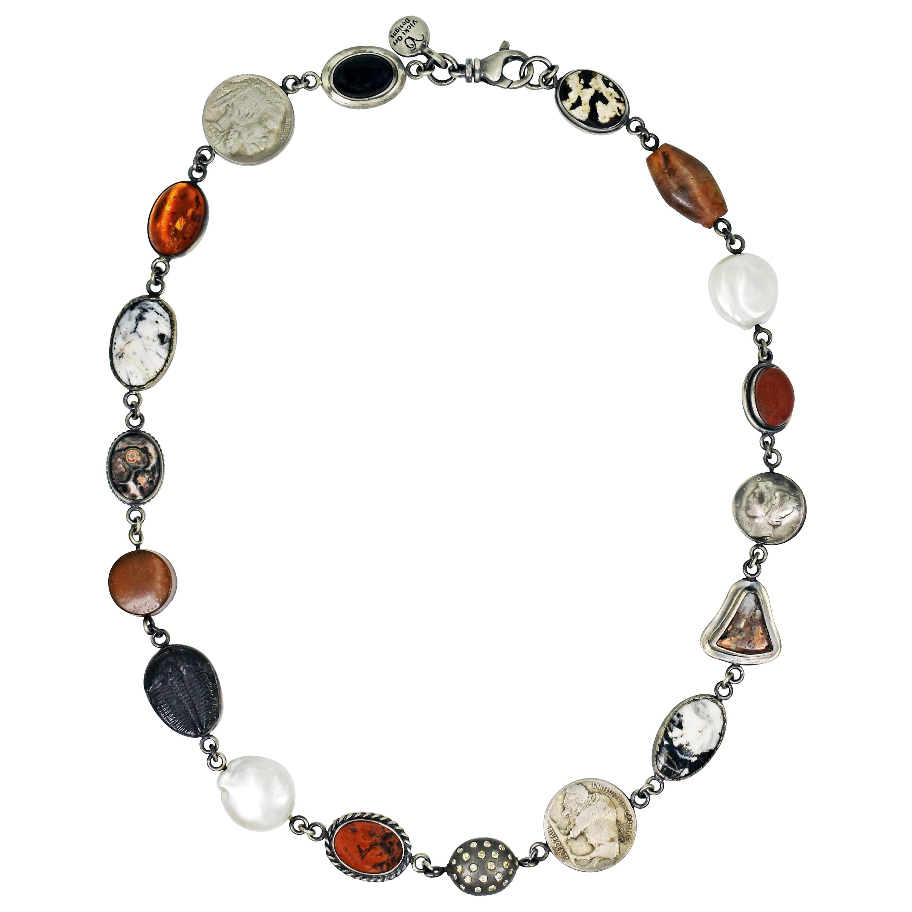 White Buffalo Turquoise, Onyx & Pearl Western Bohemian Silver Link Necklace