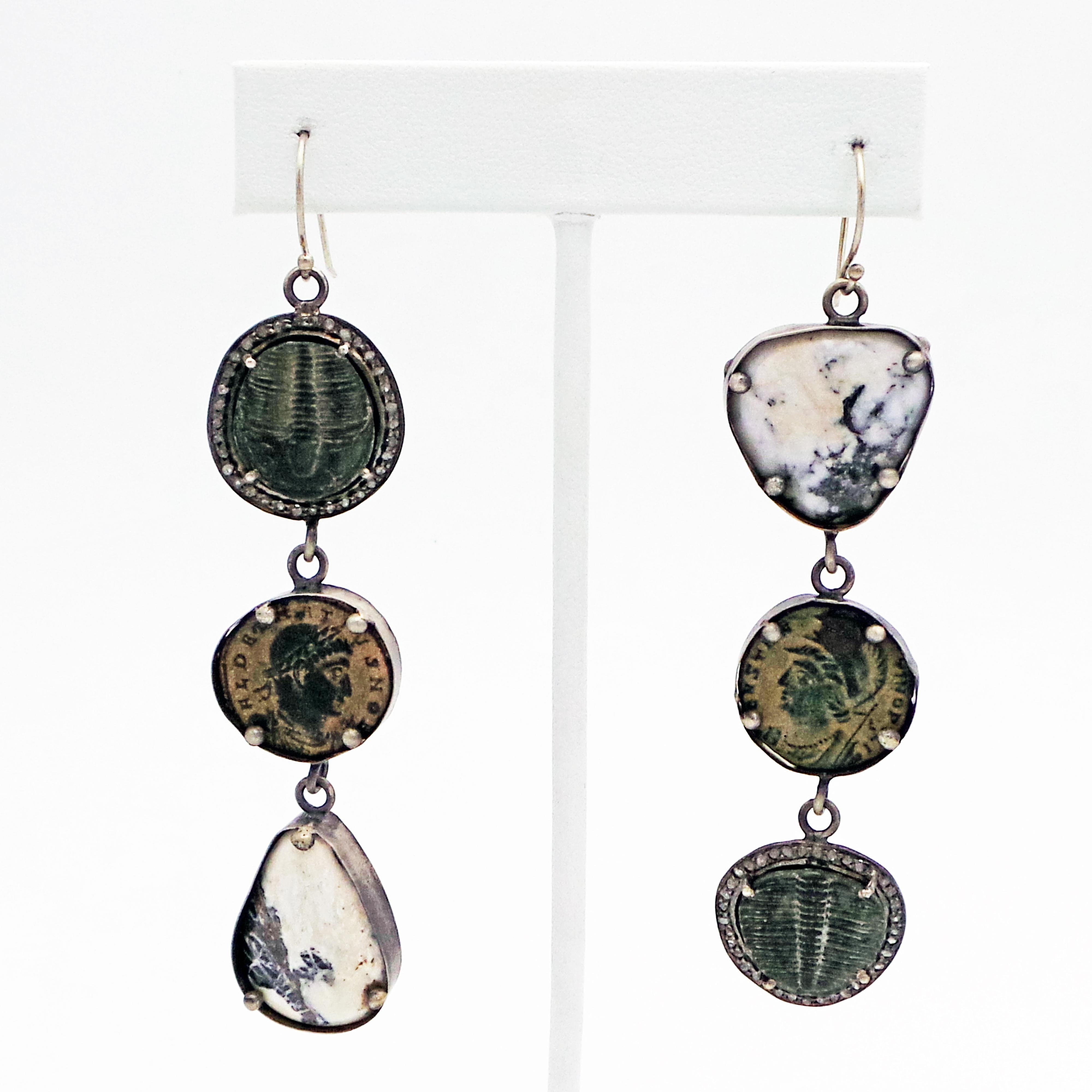 3-tier, oxidized sterling silver Bohemian dangle earrings featuring White Buffalo Turquoise, Trilobite Fossils with Diamond halos and authentic ancient Roman bronze coins. One-of-a-kind, unique dangle earrings with cool monochrome and neutral color