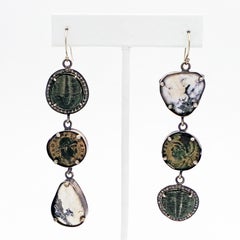 White Buffalo Turquoise, Trilobite Fossil and Ancient Roman Coin Dangle Earrings