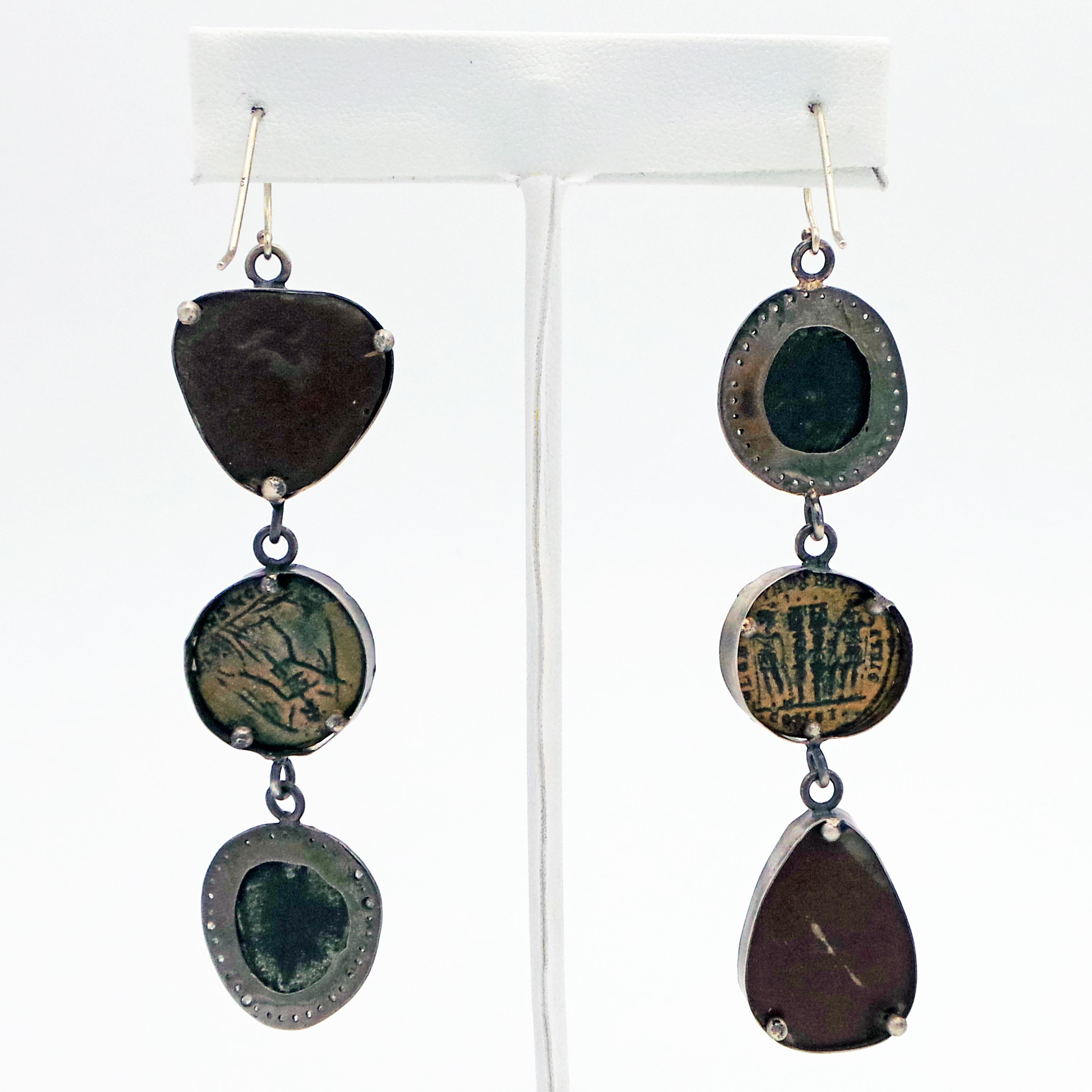 White Buffalo Turquoise, Trilobite Fossil and Ancient Roman Coin Dangle Earrings In New Condition In Naples, FL