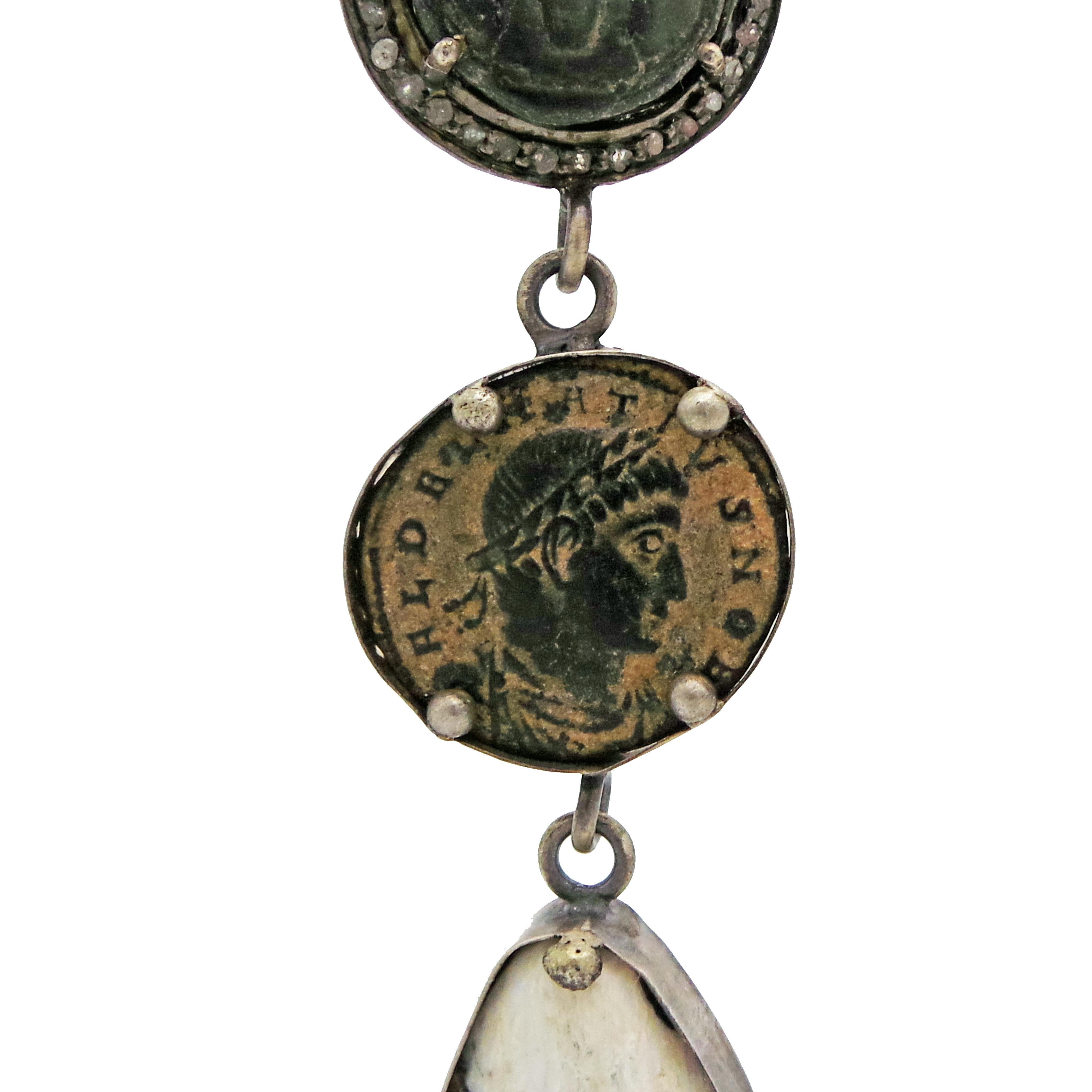 Women's White Buffalo Turquoise, Trilobite Fossil and Ancient Roman Coin Dangle Earrings