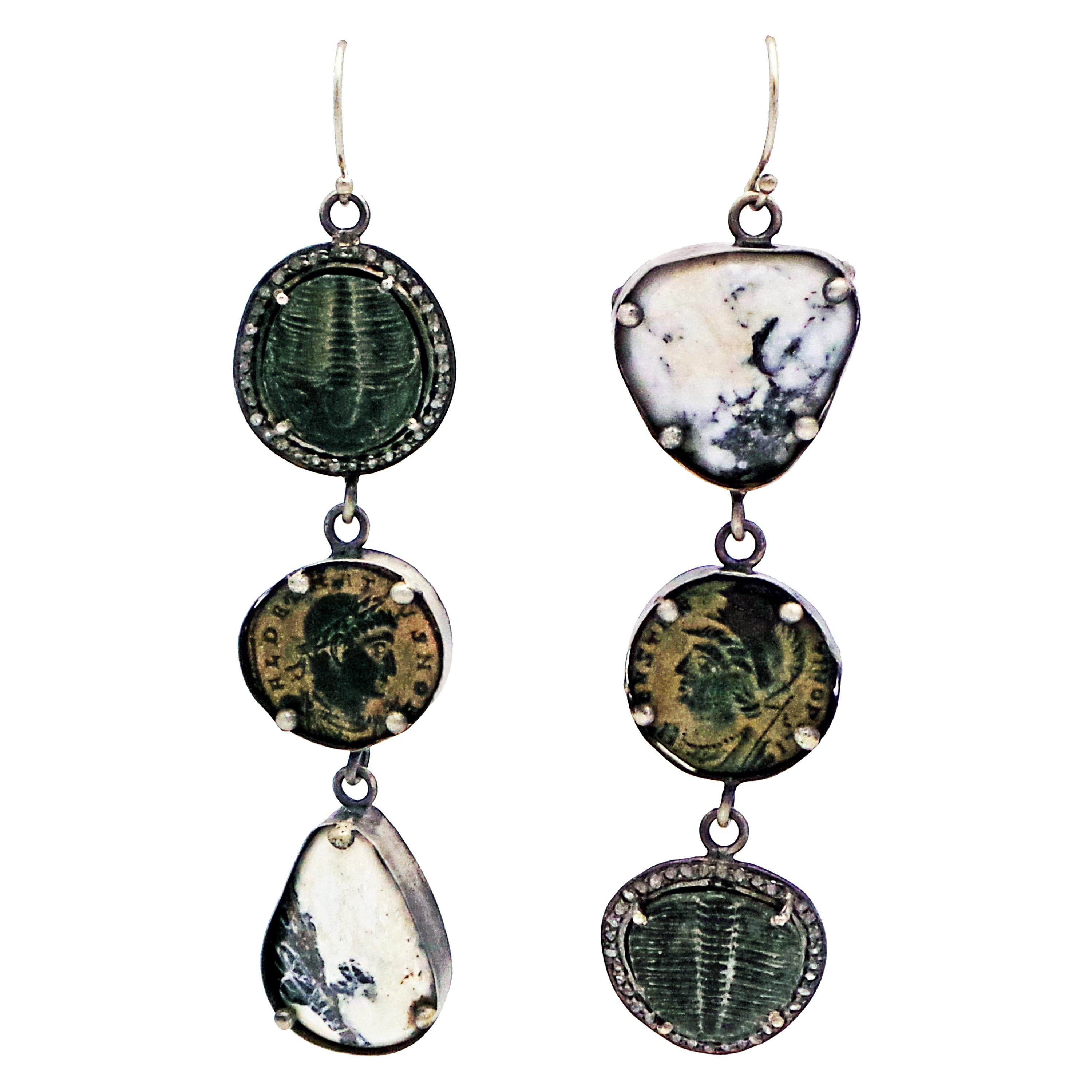 White Buffalo Turquoise, Trilobite Fossil and Ancient Roman Coin Dangle Earrings