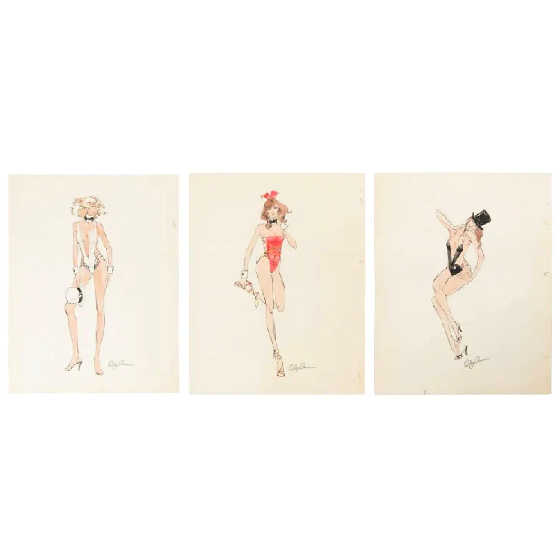 Disegno della coniglietta bianca di Oleg Cassini per Playboy ottobre 1979, firmato.
Illustrazione di una donna che indossa un body suit bianco, un girocollo e un cappello. Firmato da Oleg Cassini. Nota che la tuta ha la forma della testa di un