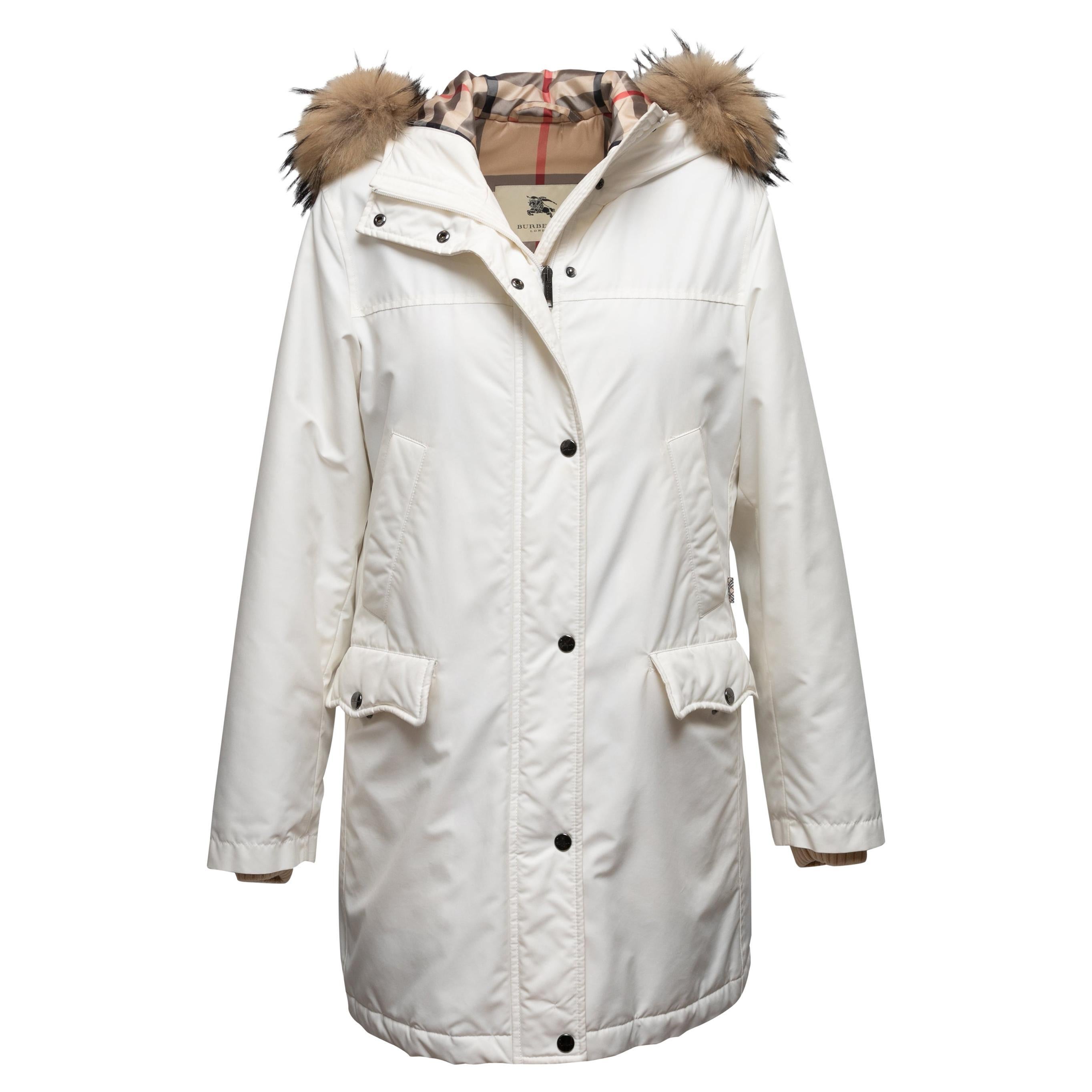 White Burberry Fur Trimmed Hooded Coat Size US M
