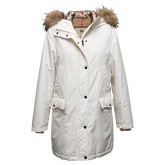 White Burberry Fur-Trimmed Hooded Coat Size US M