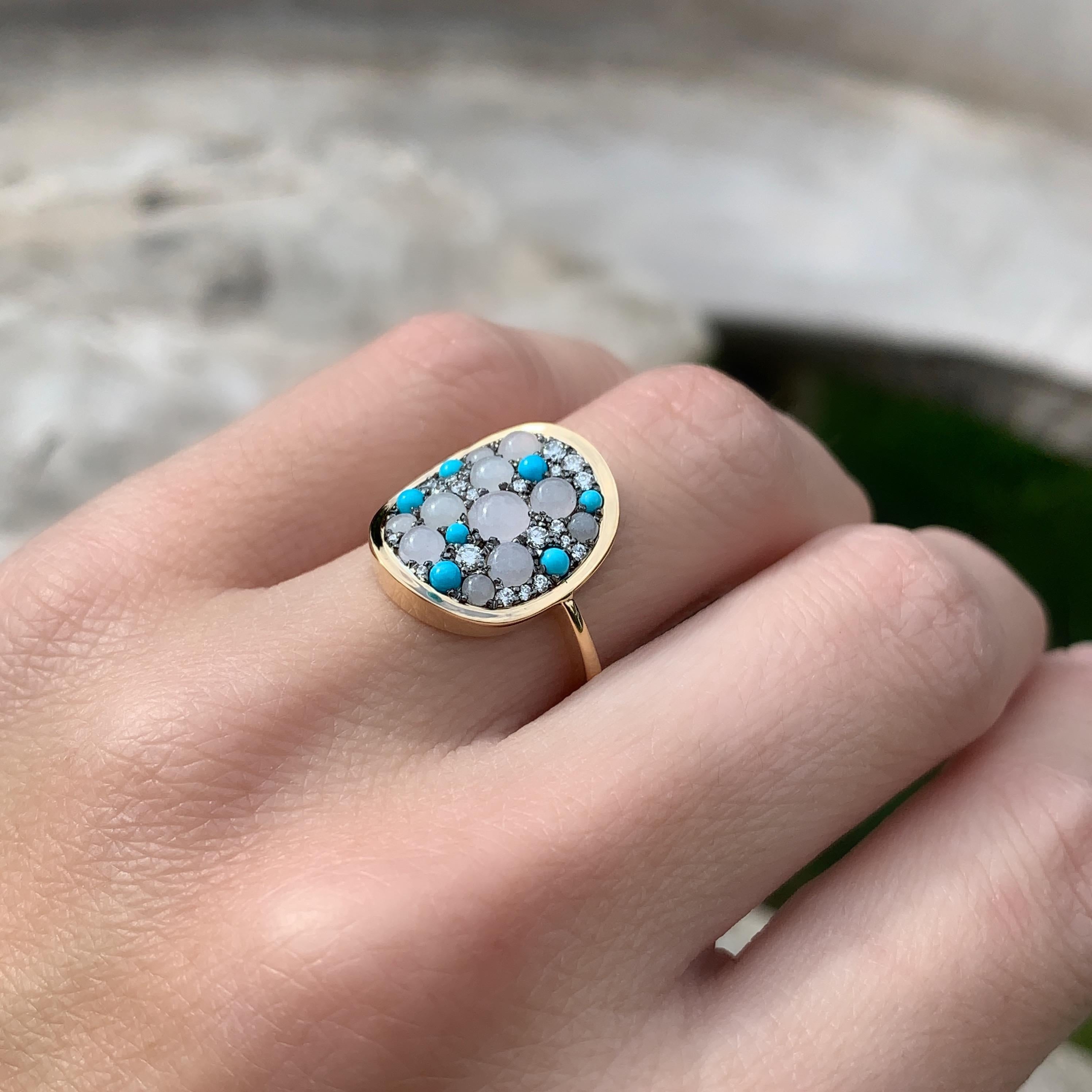Round Cut White Burmese Jadeite, Turquoise and White Diamond Pave Ring