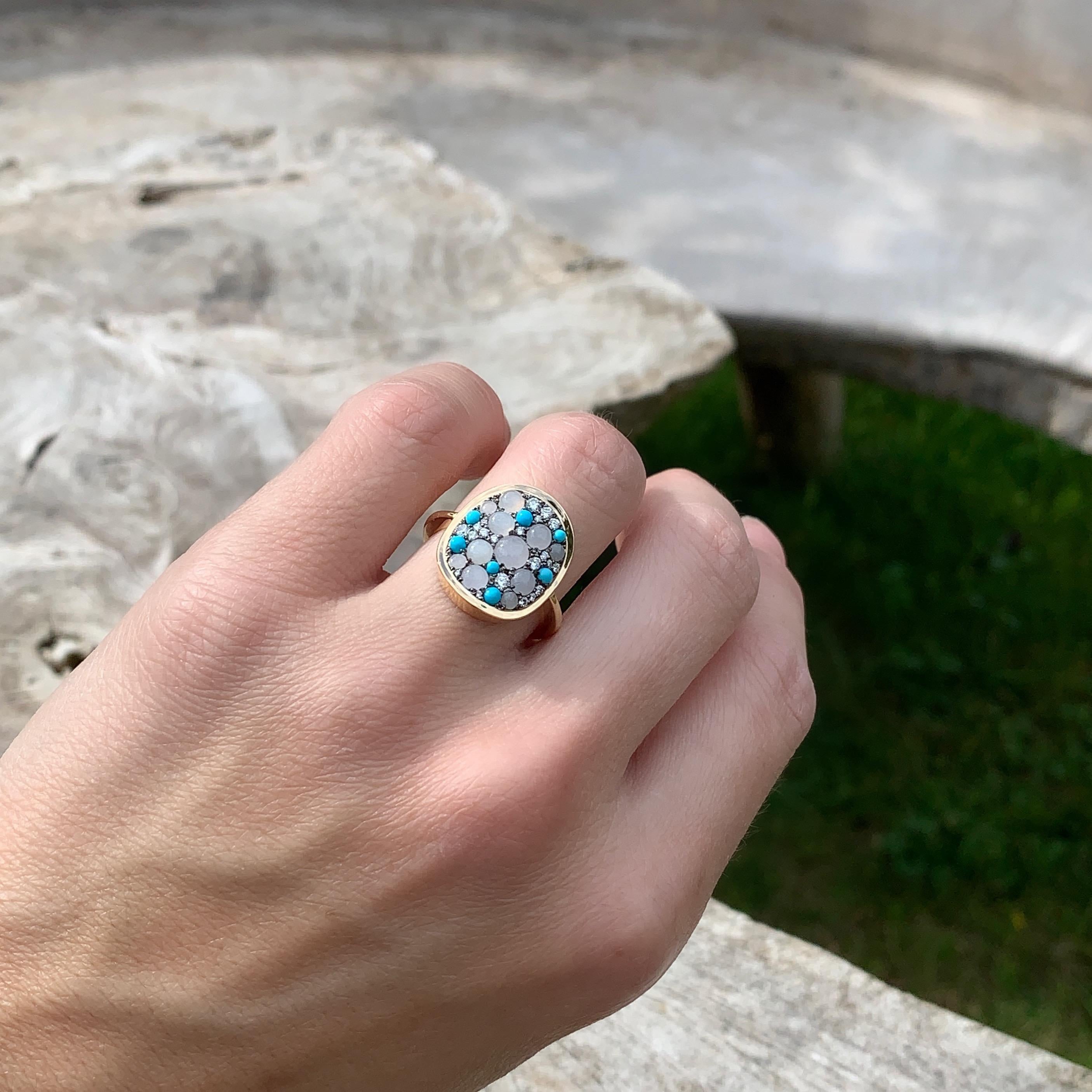 Women's White Burmese Jadeite, Turquoise and White Diamond Pave Ring