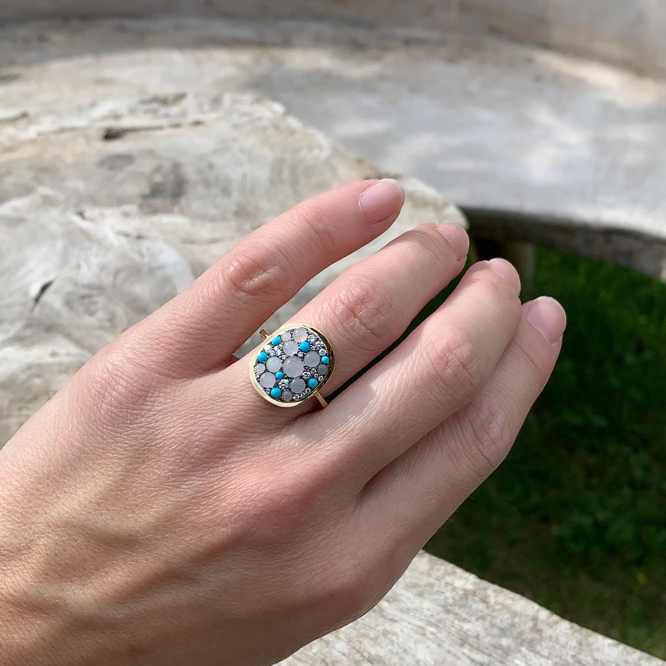 White Burmese Jadeite, Turquoise and White Diamond Pave Ring 1