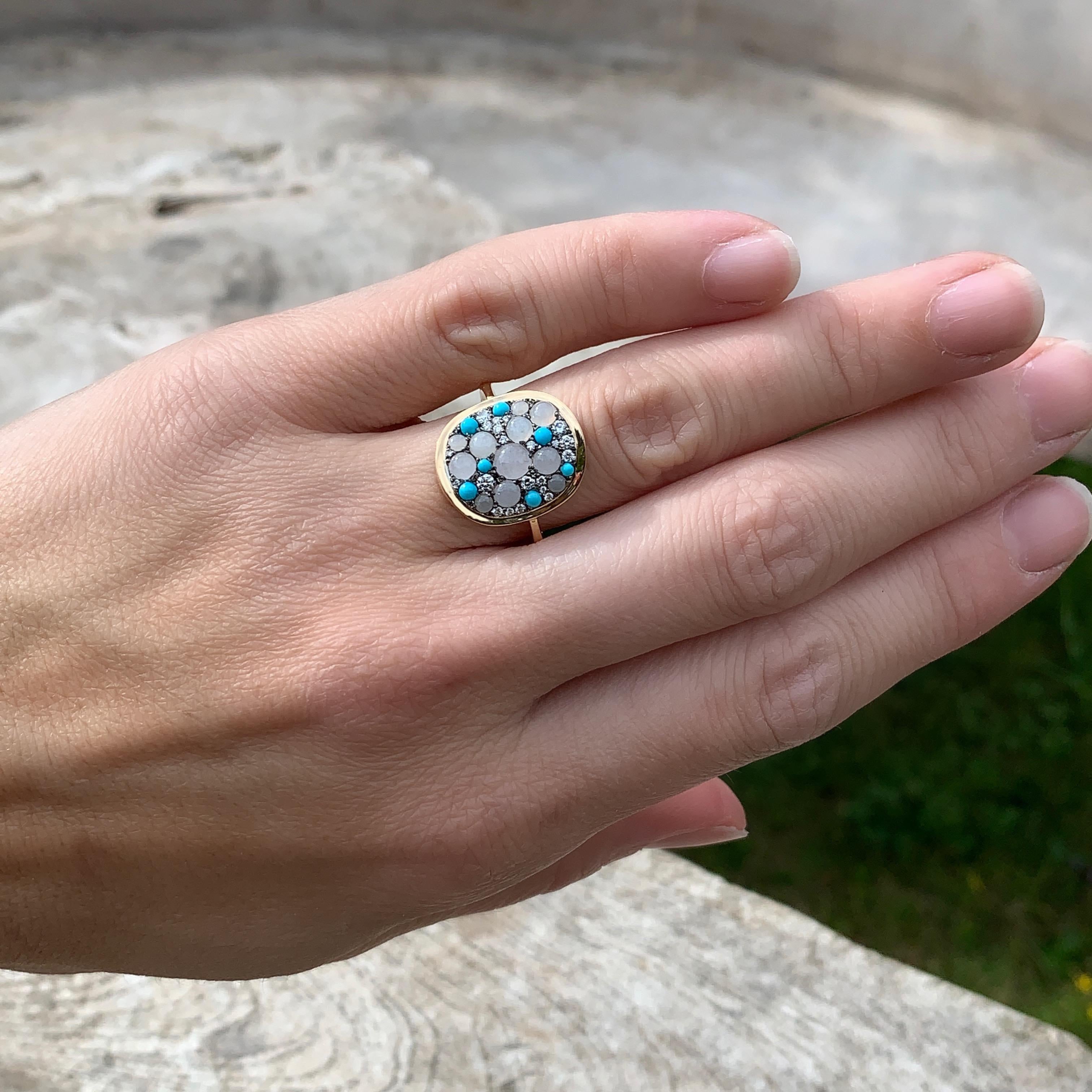 White Burmese Jadeite, Turquoise and White Diamond Pave Ring 2