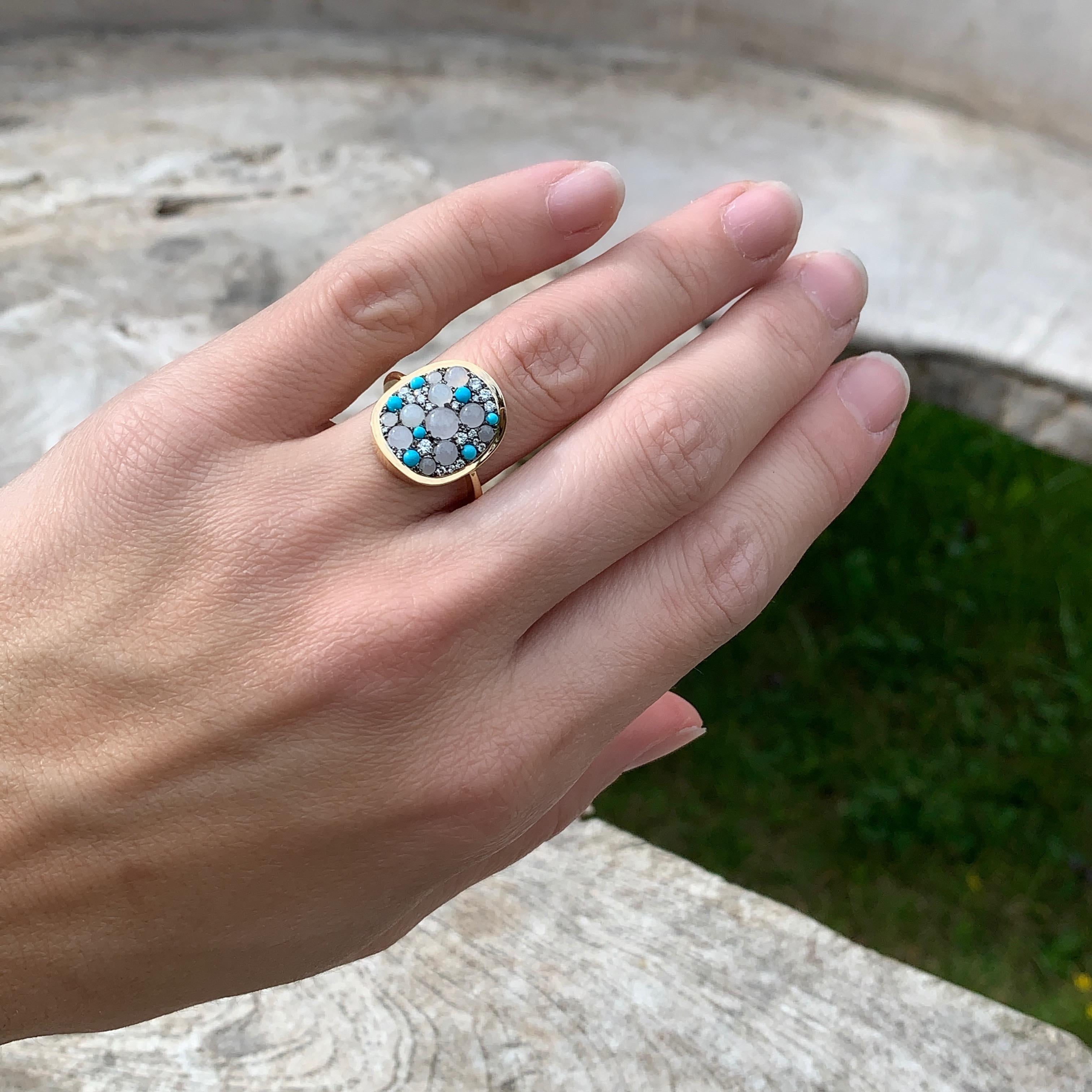 White Burmese Jadeite, Turquoise and White Diamond Pave Ring 3