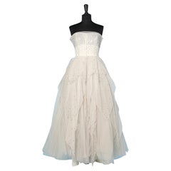 White bustier evening dress with rhinestone embellishment Circa 1950's