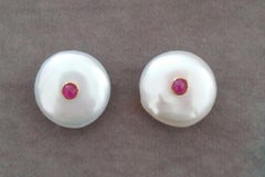 White Button Shape Baroque Pearls 14 Kt Yellow Gold Ruby Round Cabs Earrings
