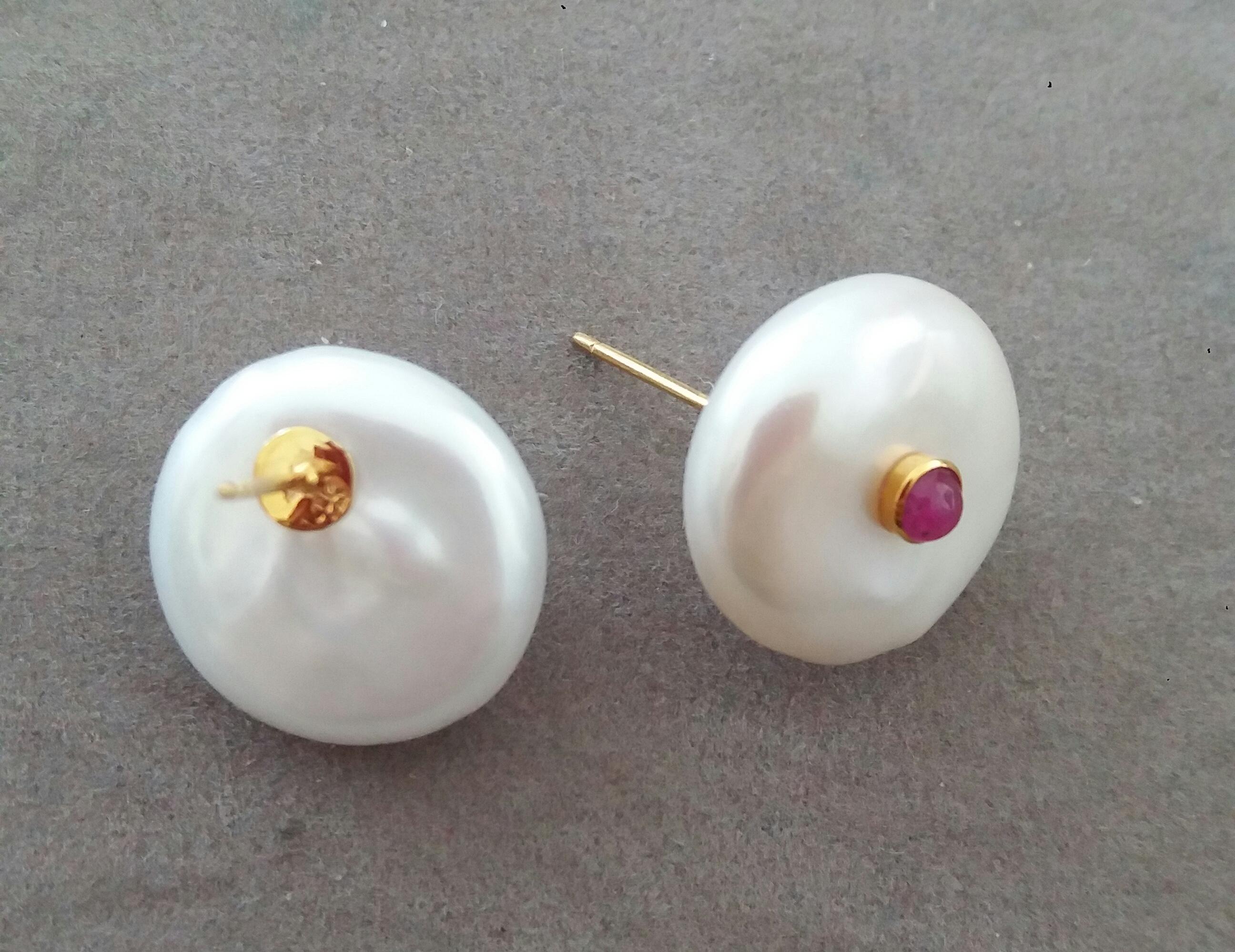 Contemporary White Button Shape Baroque Pearls 14 Kt Yellow Gold Ruby Round Cabs Earrings