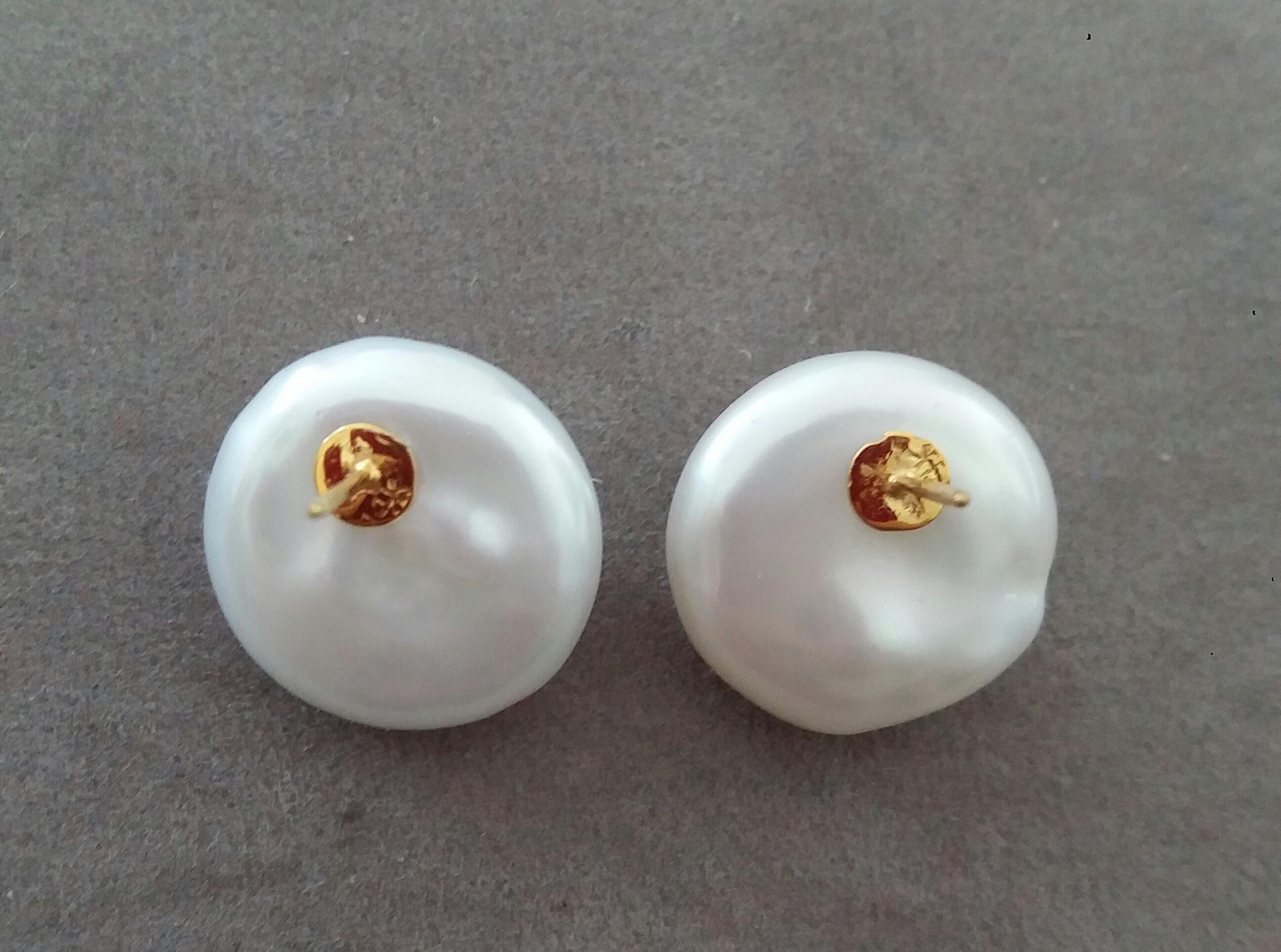 Round Cut White Button Shape Baroque Pearls 14 Kt Yellow Gold Ruby Round Cabs Earrings