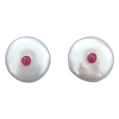White Button Shape Baroque Pearls 14 Kt Yellow Gold Ruby Round Cabs Earrings