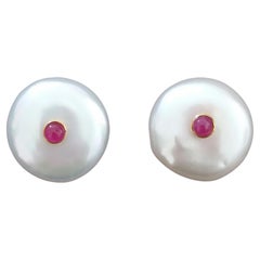 White Button Shape Baroque Pearls 14 Kt Yellow Gold Ruby Round Cabs Earrings