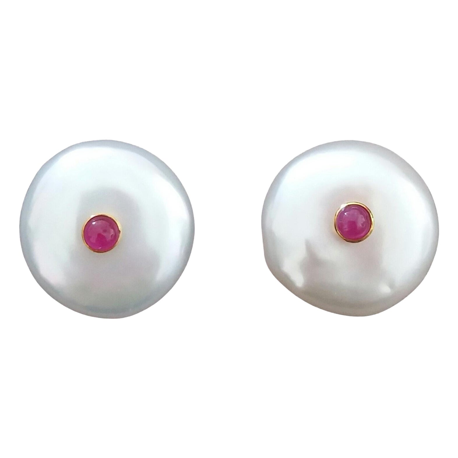 White Button Shape Baroque Pearls 14 Kt Yellow Gold Ruby Round Cabs Earrings