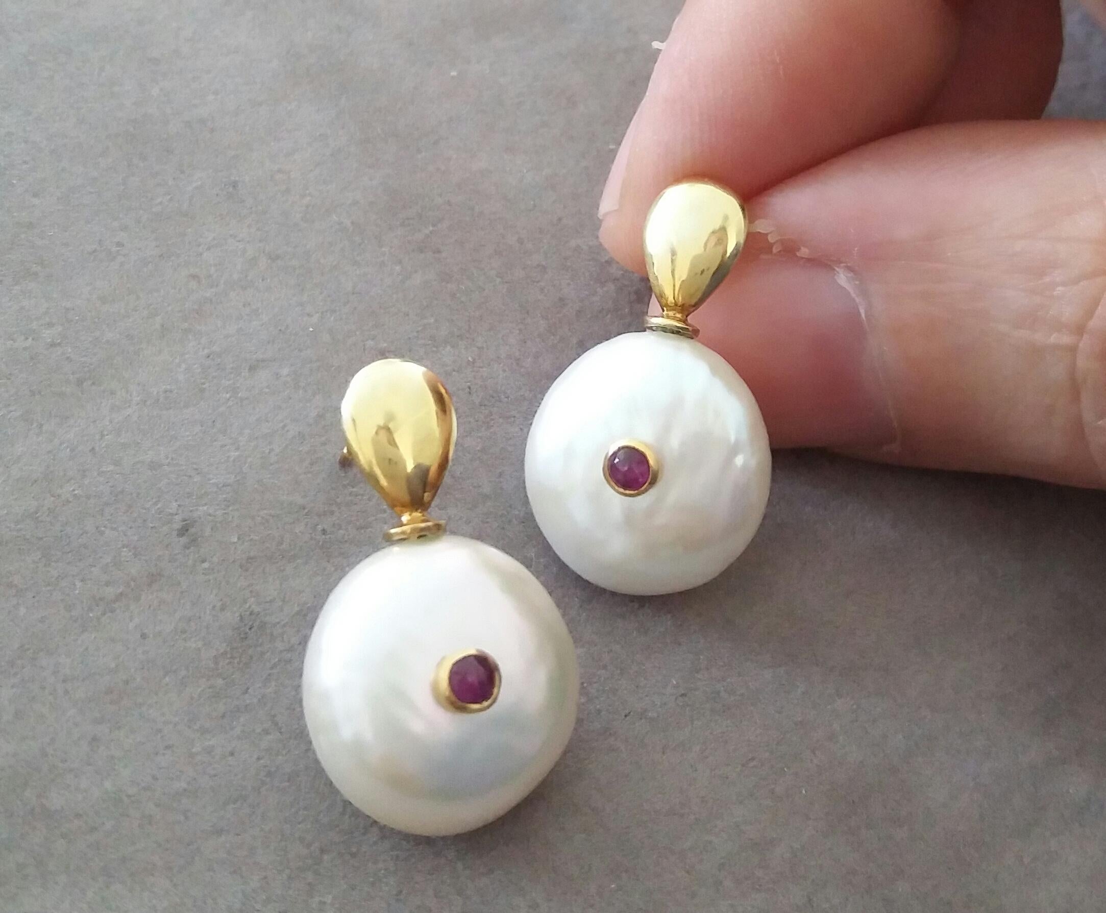 White Button Shape Baroque Pearls Round Ruby Cabs 14 K Yellow Gold Tops Earrings For Sale 1